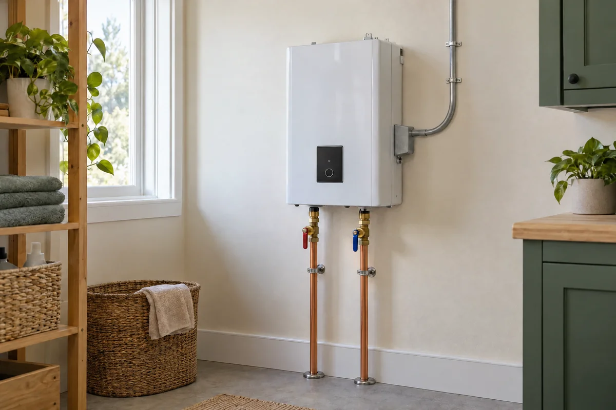 Wall-mounted electric tankless water heater with connected copper water lines entering the floor
