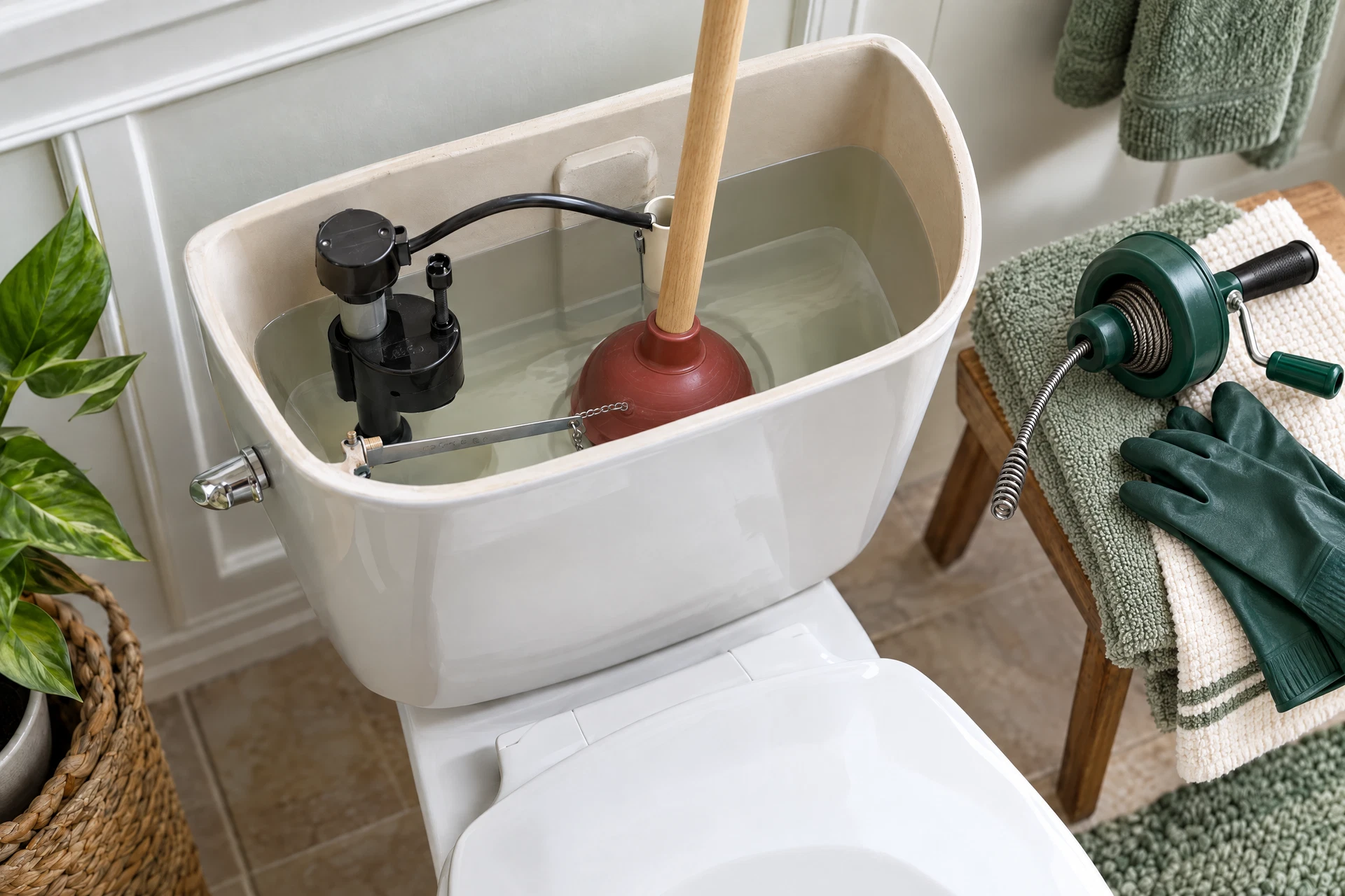 Cup-style sink plunger sealing over a residential drain beside a compact hand auger and protective gloves, illustrating chemical-free drain clearing.