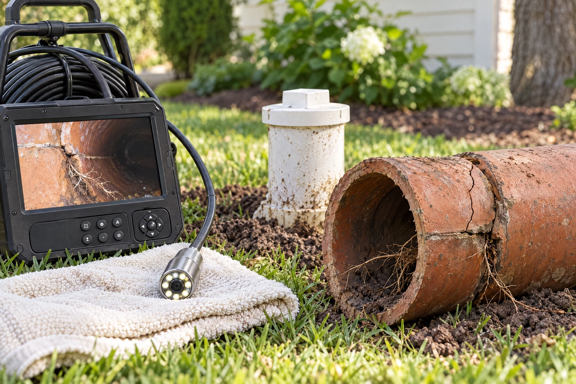 Photorealistic sewer inspection setup beside a residential cleanout, with a detached pipe section showing subtle root intrusion through a cracked joint.