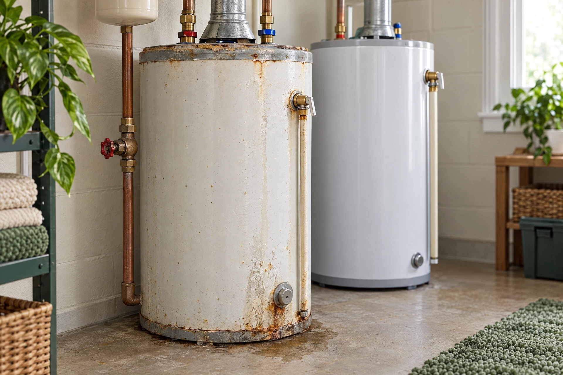 Aging water heater being evaluated beside a newer replacement unit in a softly lit utility room.