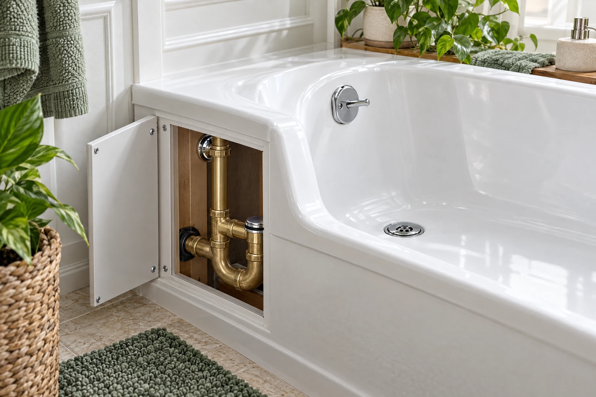 Close view of a bathtub's chrome drain and overflow cover with an accessible, logically connected waste-and-overflow plumbing assembly.