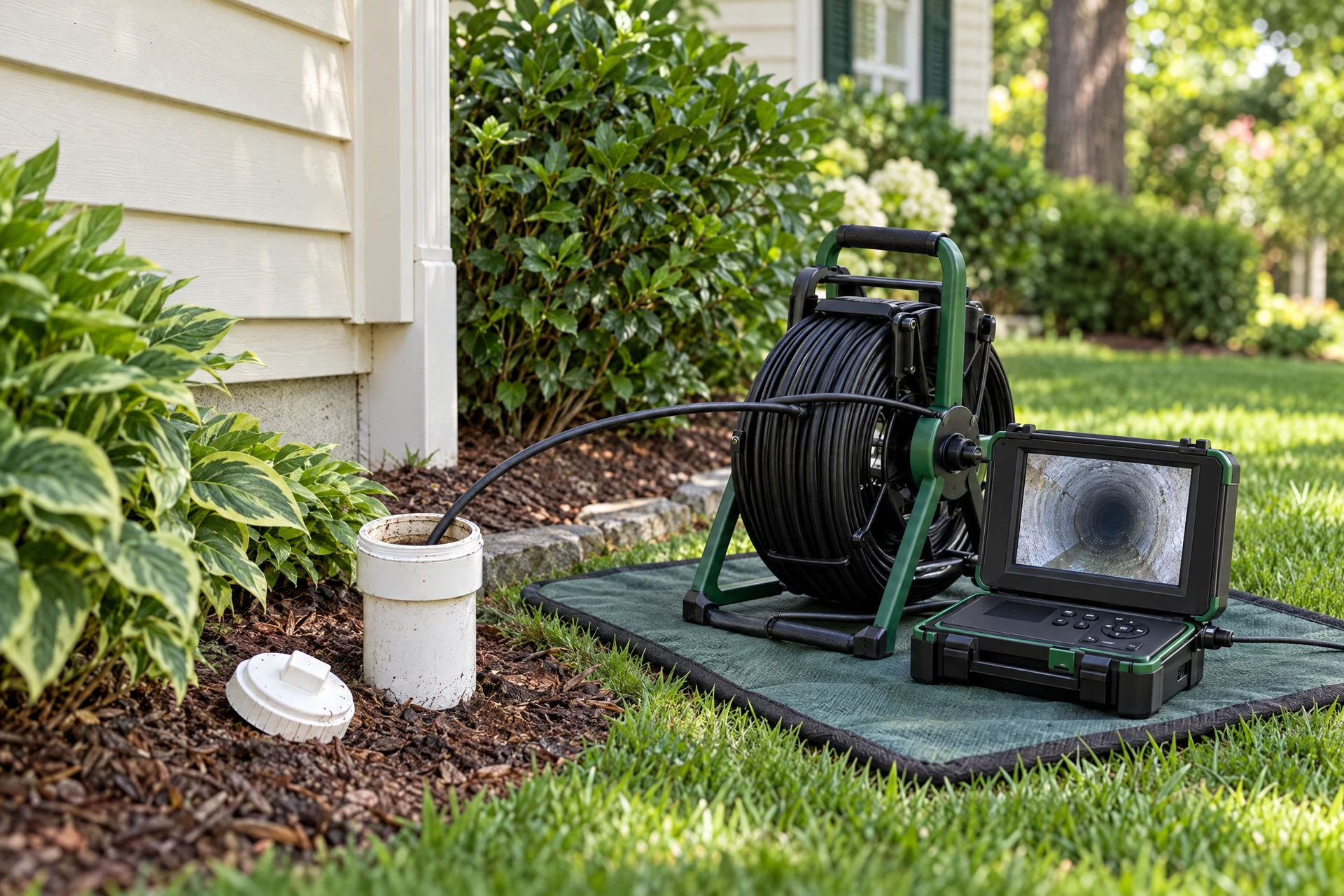 Open sewer cleanout with a push camera and inspection monitor beside an older Pacific Northwest home, illustrating sewer inspection planning for homebuyers.