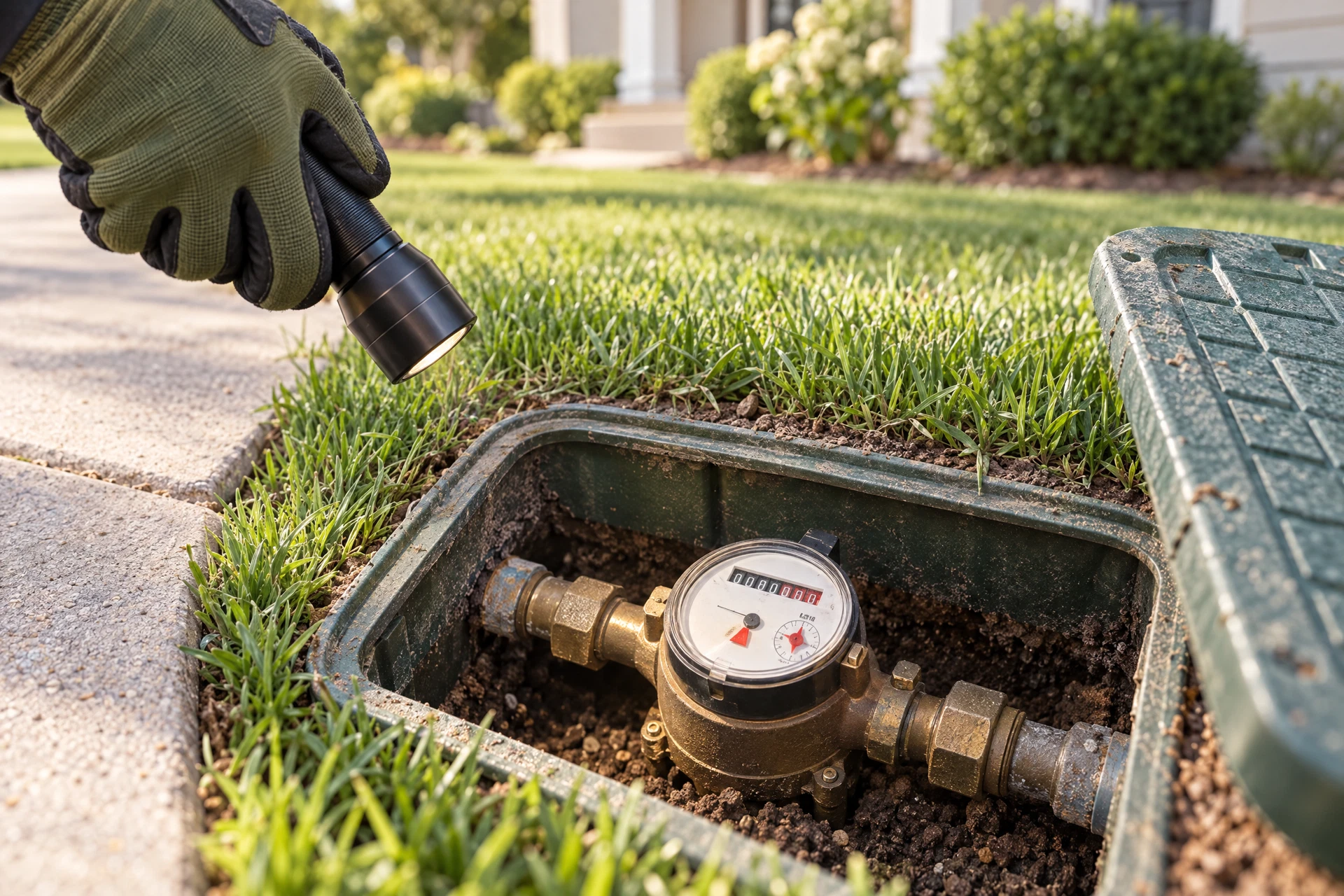 Close-up of a residential water meter and low-flow indicator being checked to help locate a possible household water leak.