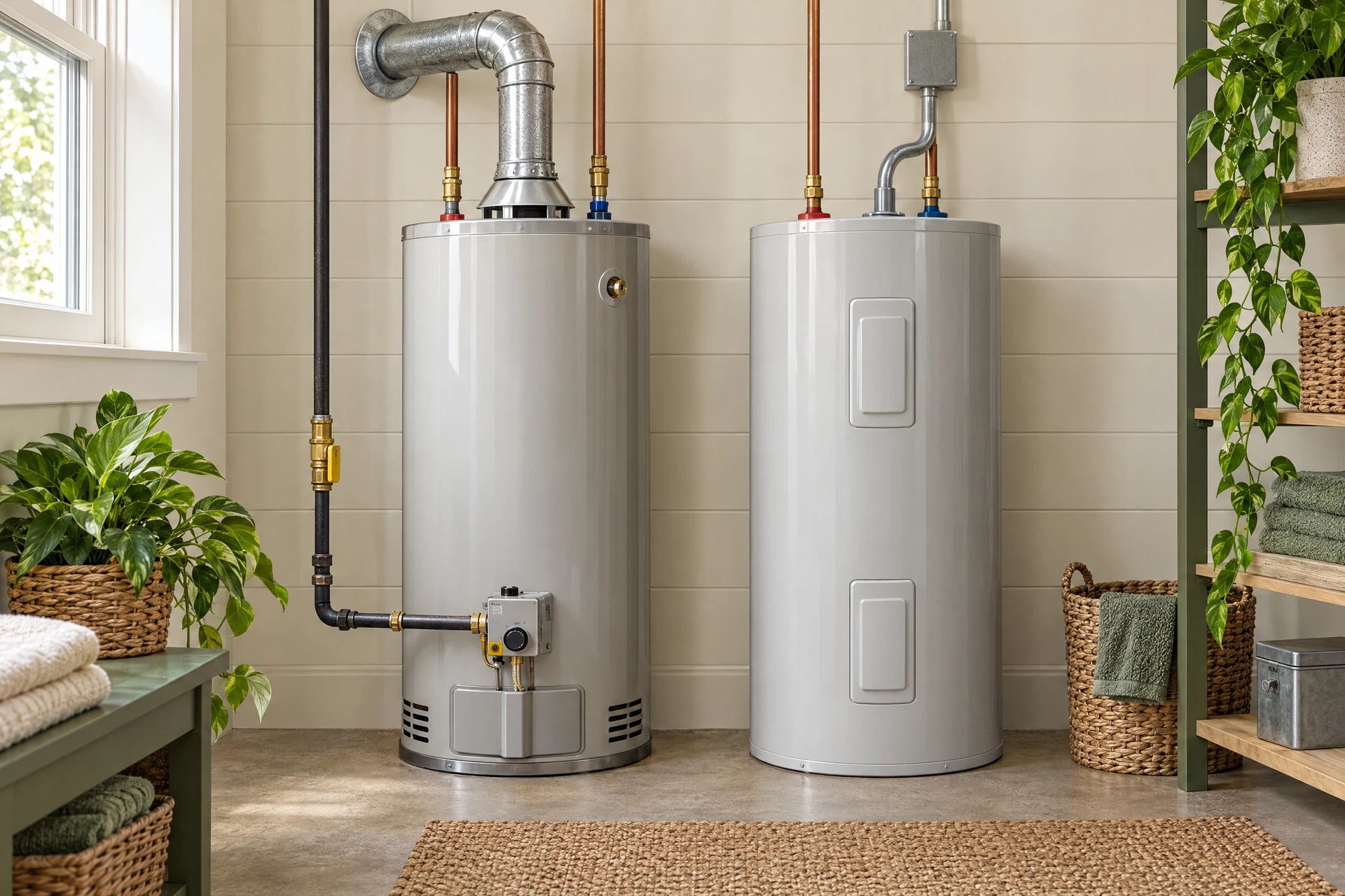 Photorealistic comparison of separate gas and electric water heaters in a bright residential utility room, with plausible plumbing, venting, conduit, and inspection details.
