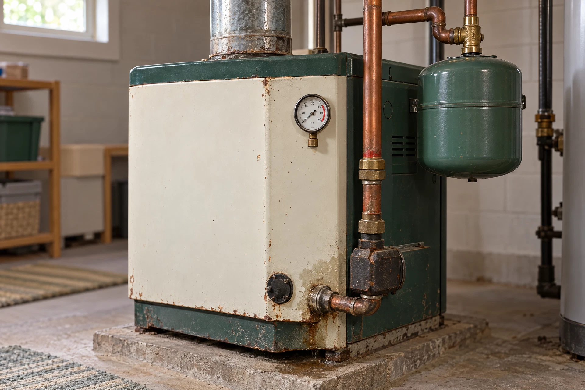 Aging residential boiler with visible corrosion and a contained leak stain, photographed during a replacement evaluation.