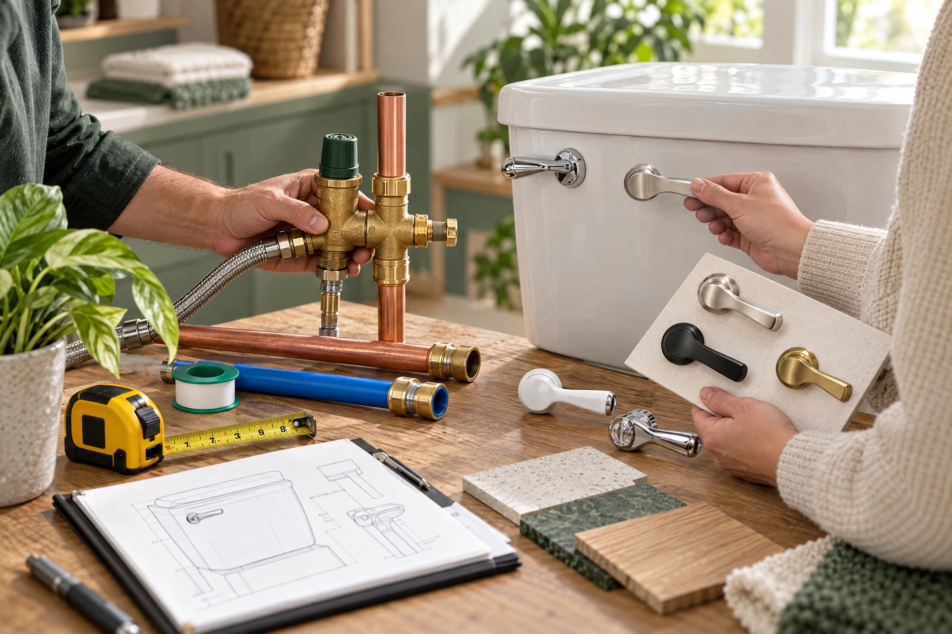 Photorealistic plumbing planning scene with fixture samples, connected valve hardware, pipe sections, measurements, and hands comparing options on a workbench.