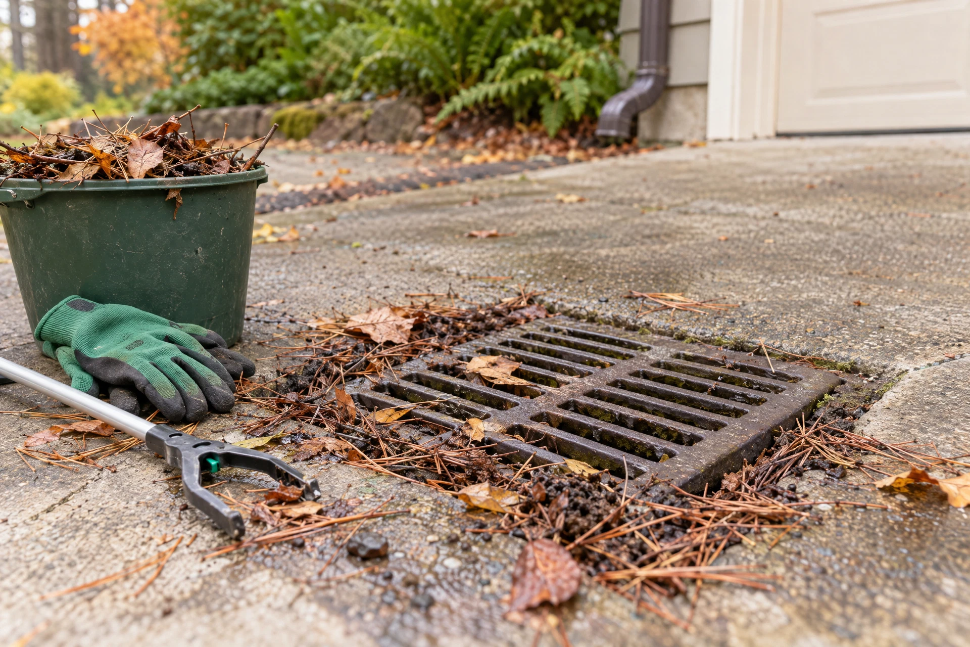 Photorealistic autumn inspection of a residential driveway catch basin with leaves, pine needles, work gloves, and a debris grabber beside the storm-drain grate.