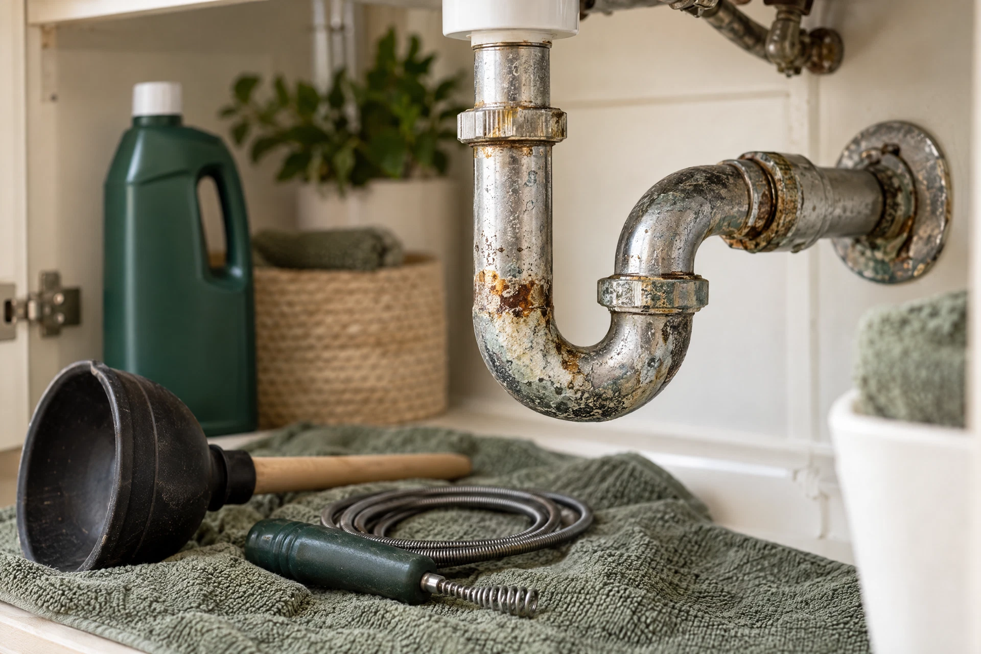 Photorealistic under-sink inspection scene with a corroded drain fitting, manual drain tools, and an unopened generic liquid drain cleaner bottle in the background.