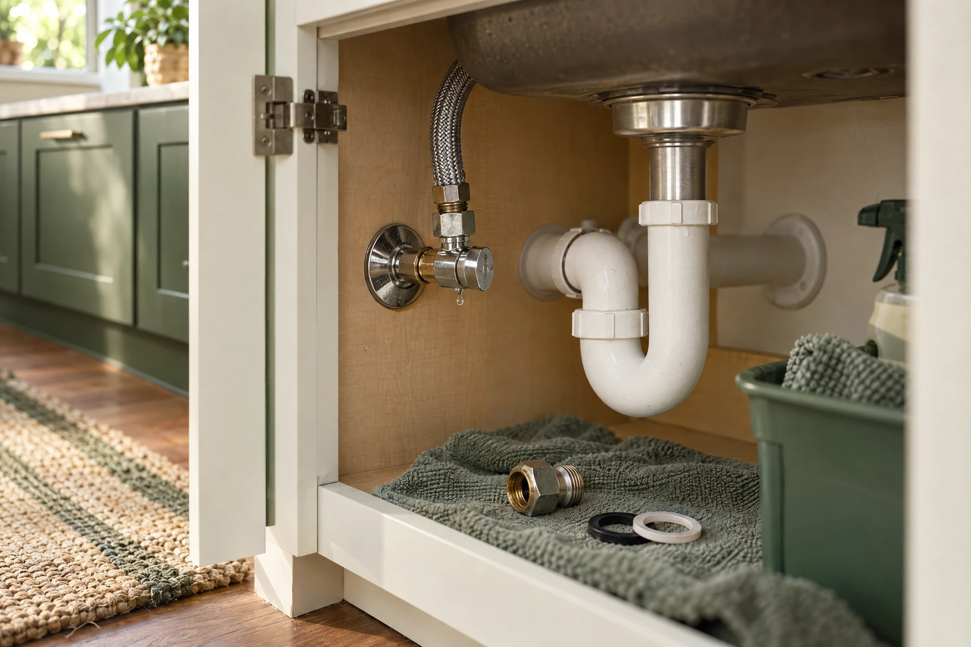 Open under-sink plumbing with a small fitting leak and mismatched replacement parts illustrating why DIY plumbing problems can worsen when hidden connections are overlooked.
