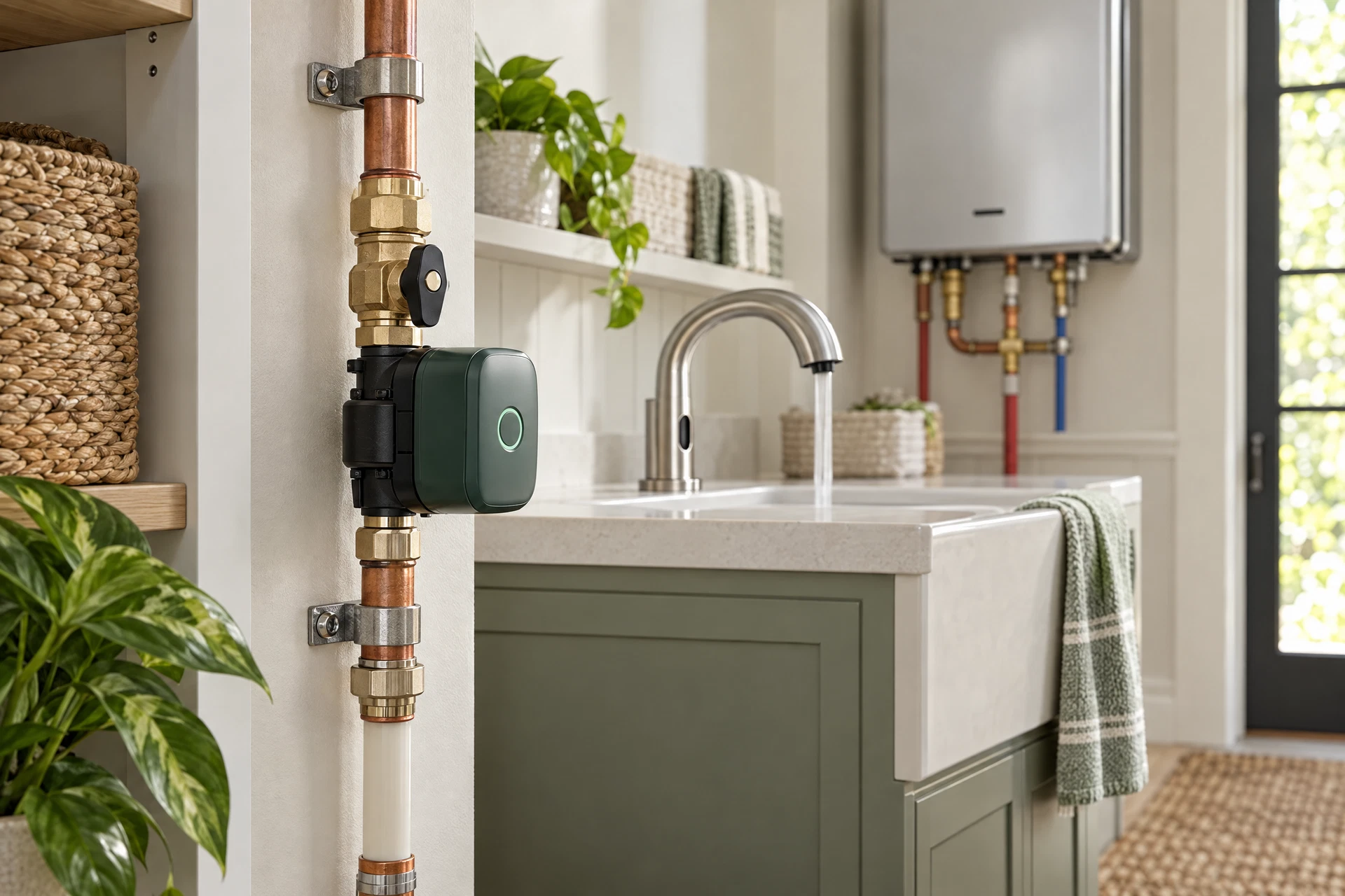 Smart water leak monitor and shutoff valve on residential plumbing in a softly lit home utility area, with touchless faucet and tankless water heater details in the background.