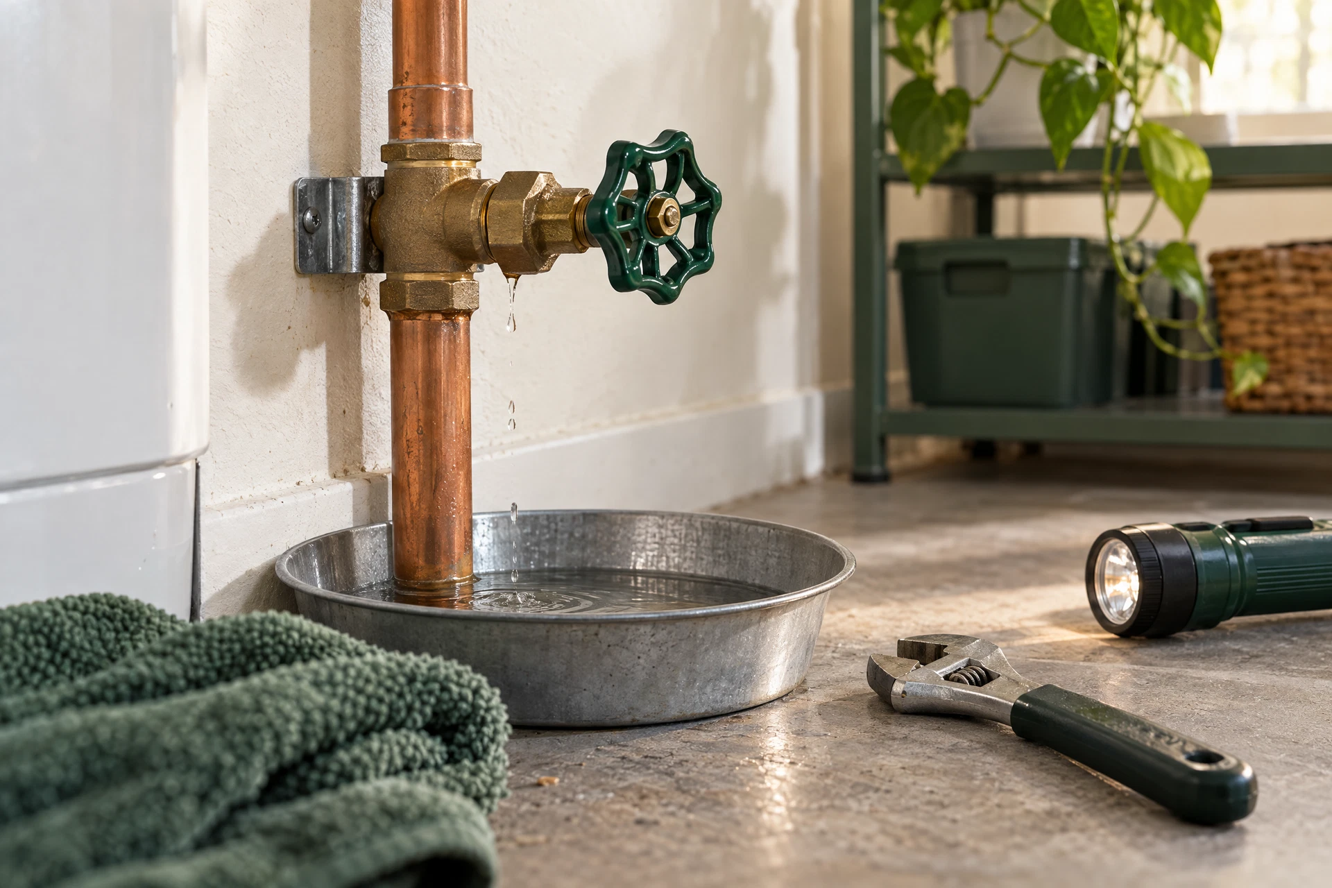 Accessible household water shutoff valve, towel, wrench, flashlight, and shallow drip pan prepared for a plumbing emergency.