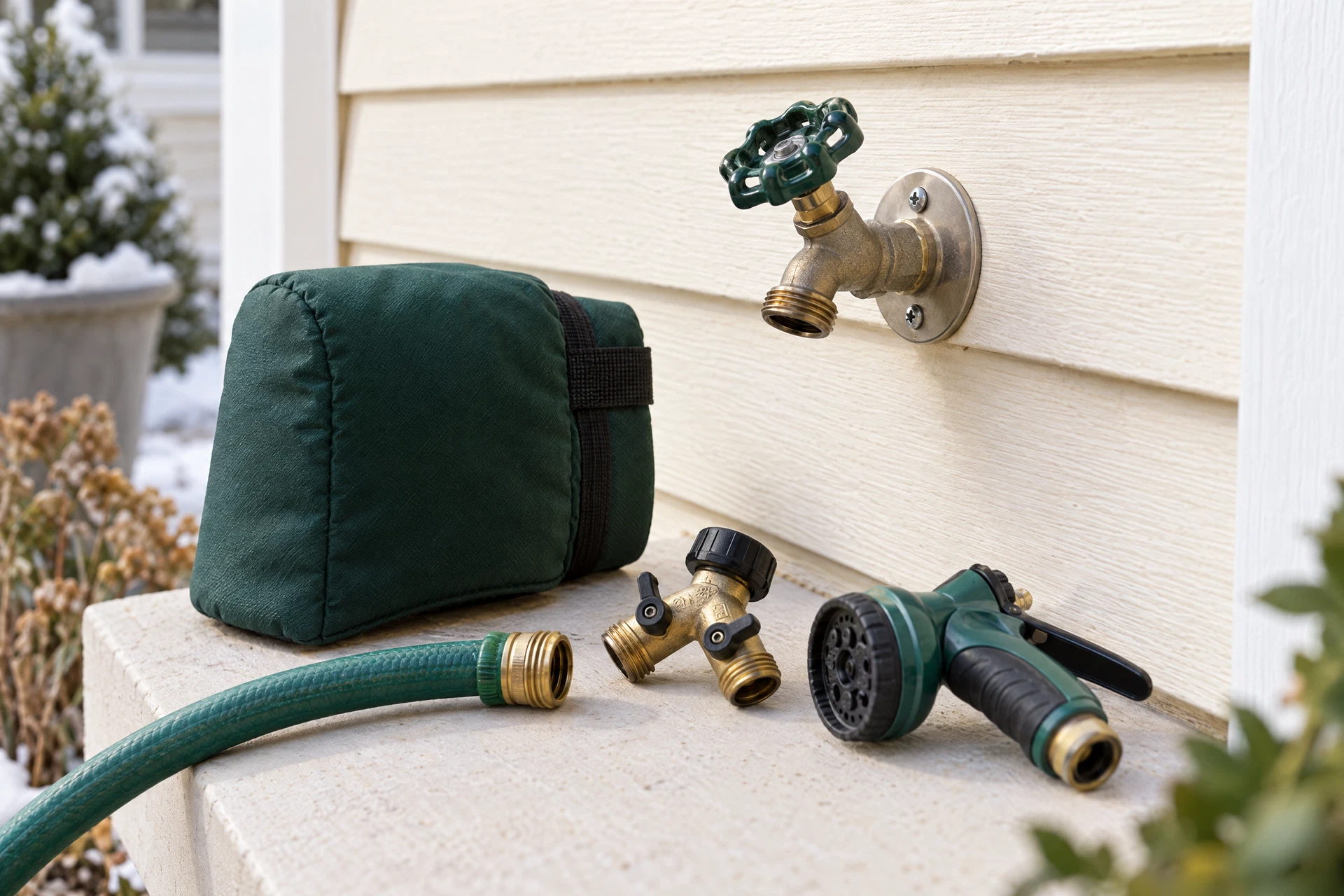 Photorealistic outdoor faucet prepared for winter, with the hose disconnected and an insulated faucet cover ready beside it.