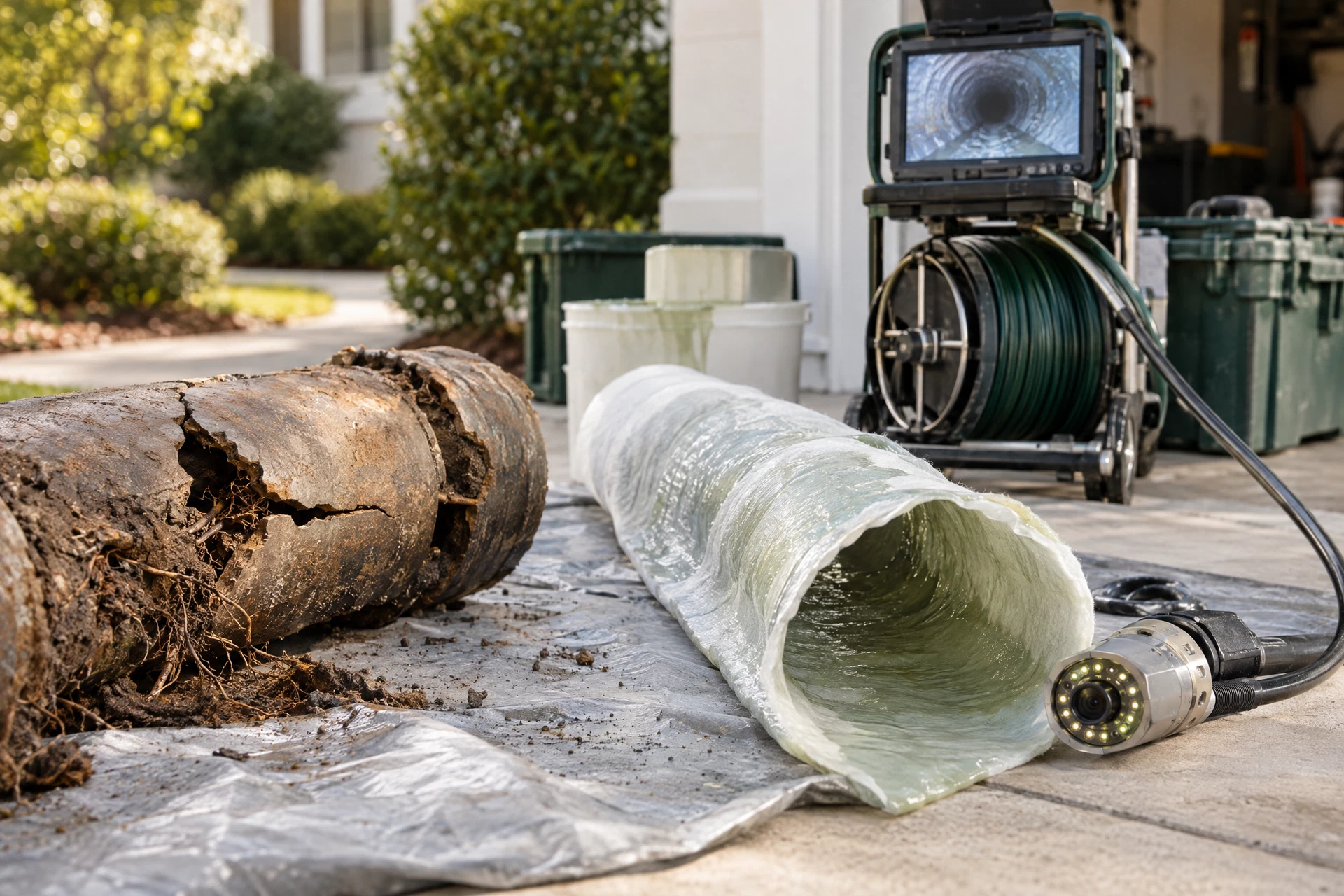 Photorealistic inspection setup with a cracked sewer pipe cross-section, resin-saturated CIPP liner, and sewer camera equipment.