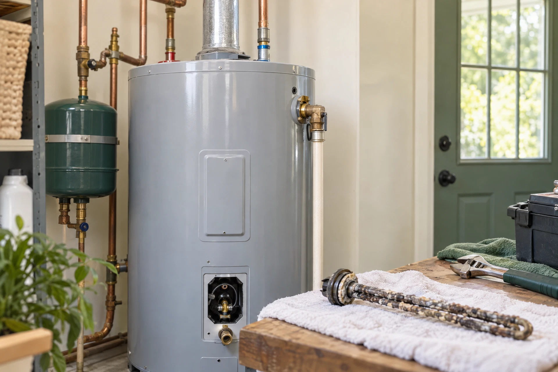 Photorealistic utility-room water heater assessment showing an existing storage tank and service details for planning repair or replacement.