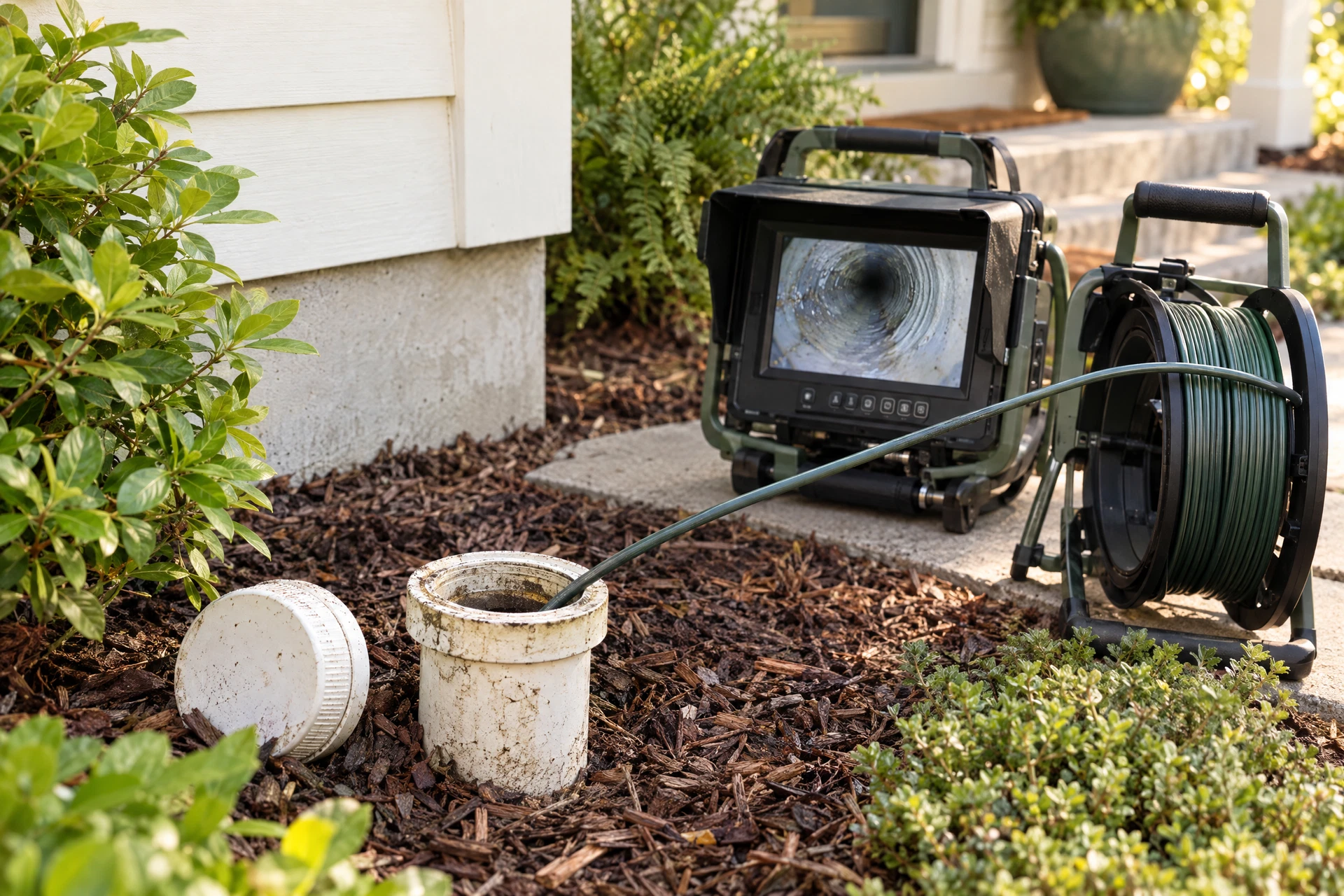 Exterior sewer cleanout opened for a professional camera inspection in a tidy residential yard, with inspection equipment beside it.
