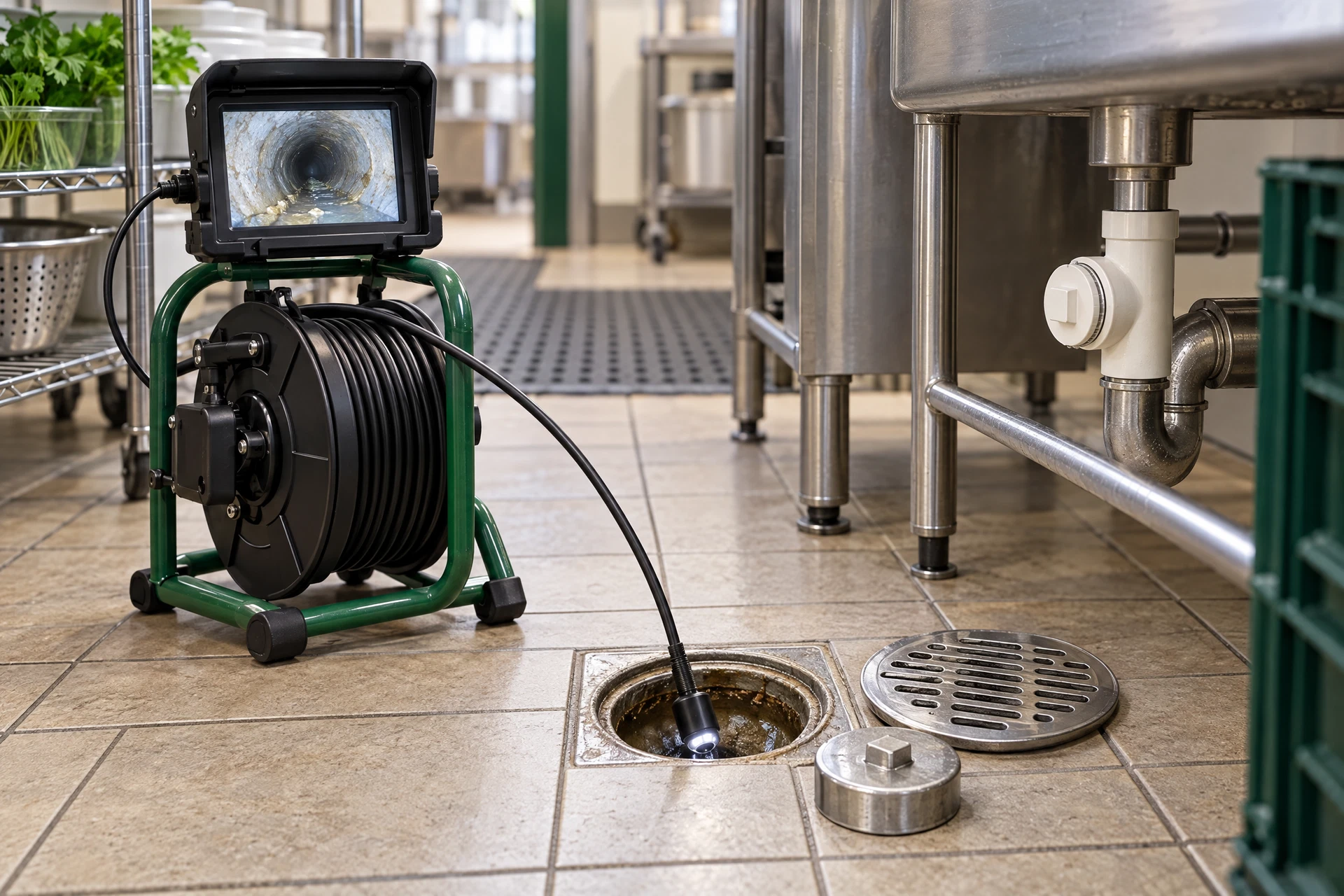 Photorealistic commercial kitchen floor drain and cleanout access with drain inspection equipment for routine preventive maintenance.