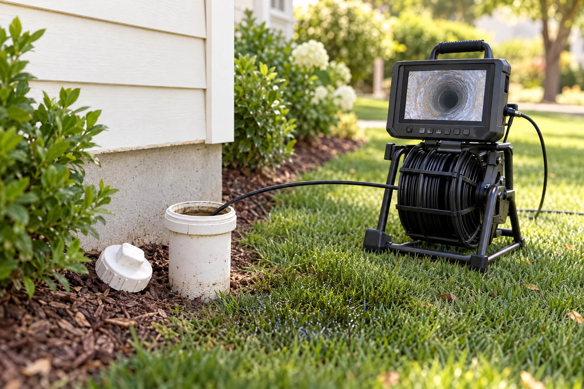 Photorealistic view of a residential sewer cleanout and inspection camera equipment beside a subtle wet patch in a landscaped Pacific Northwest yard.