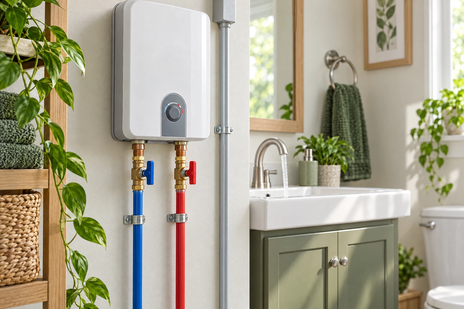 Photorealistic tankless water heater with logical plumbing connections in a bright home utility room, illustrating an eco-friendly plumbing upgrade.