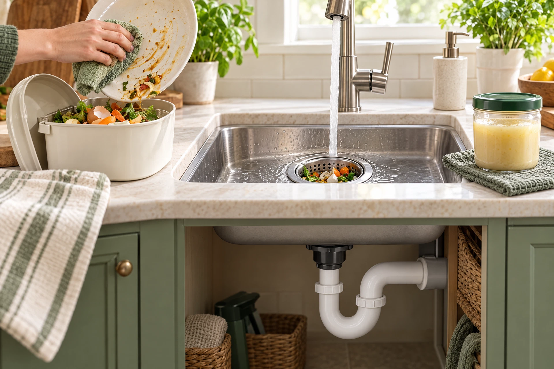Photorealistic kitchen sink scene showing healthy sewer-care habits: a drain strainer, plate being wiped before washing, and cooled grease sealed in a container beside the sink.