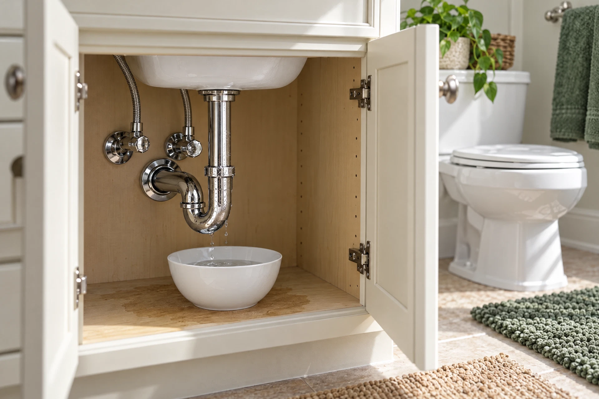 Photorealistic under-sink plumbing leak with a controlled drip into a bowl, damp cabinet base, and connected fittings indicating warning signs that may require a plumbing professional.