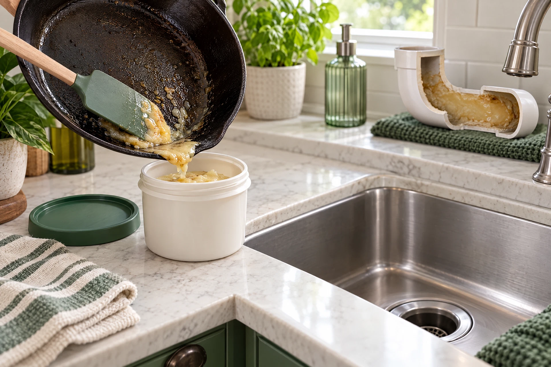 Photorealistic kitchen scene showing cooking grease being wiped from a skillet into a sealed container beside a clean sink drain.