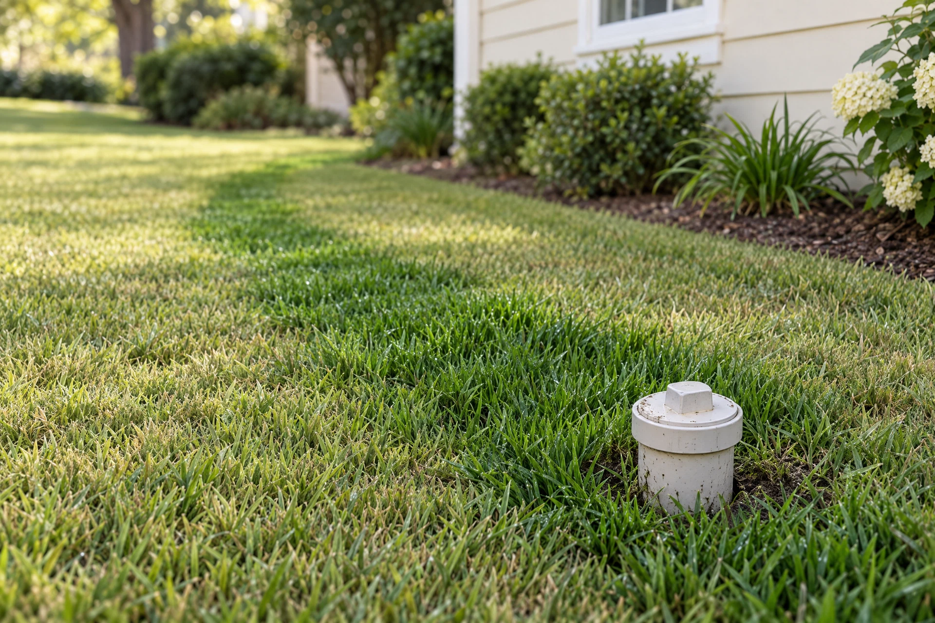 A residential yard shows a damp, unusually lush strip of grass and slight ground depression near a capped sewer cleanout, a possible sign of a sewer issue.