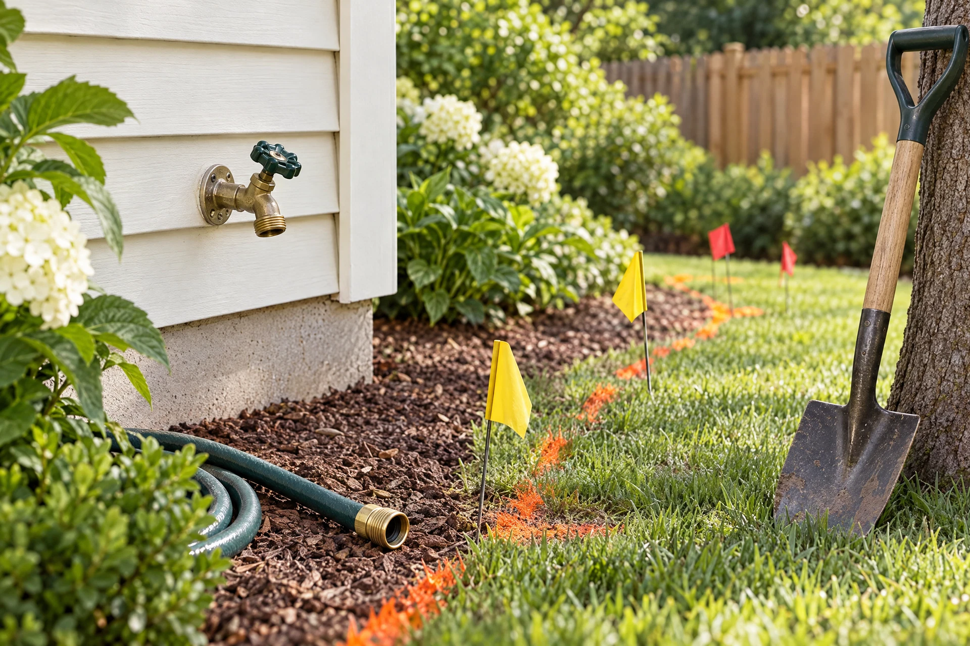 Photorealistic summer home-maintenance scene with a closed outdoor hose bib, disconnected garden hose, and utility-locate markings beside a planned digging area.