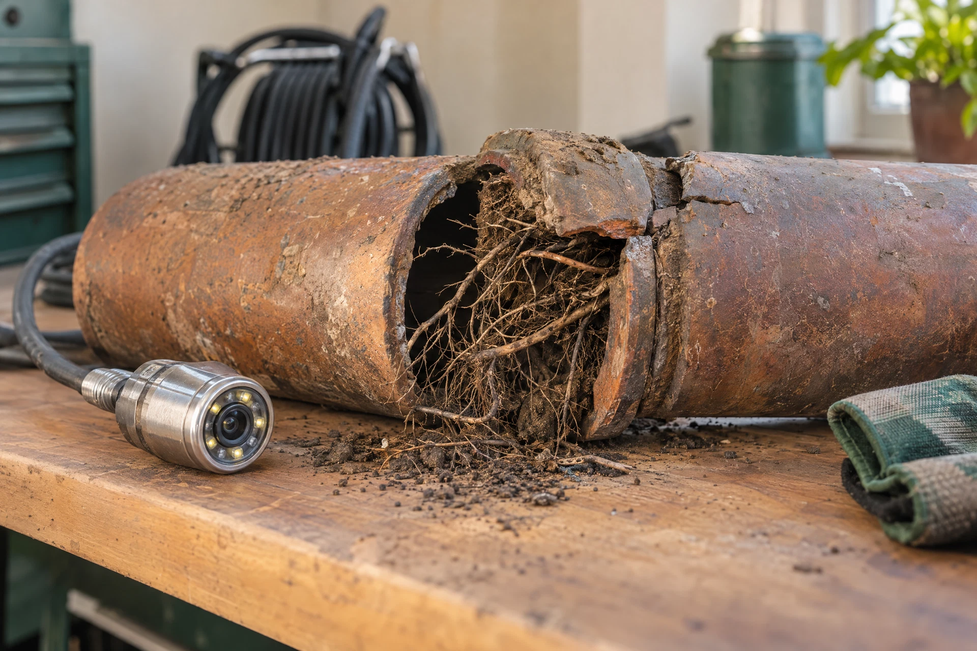 Detached clay sewer pipe with tree roots entering a cracked joint beside sewer inspection equipment, illustrating common causes of home sewer backups.