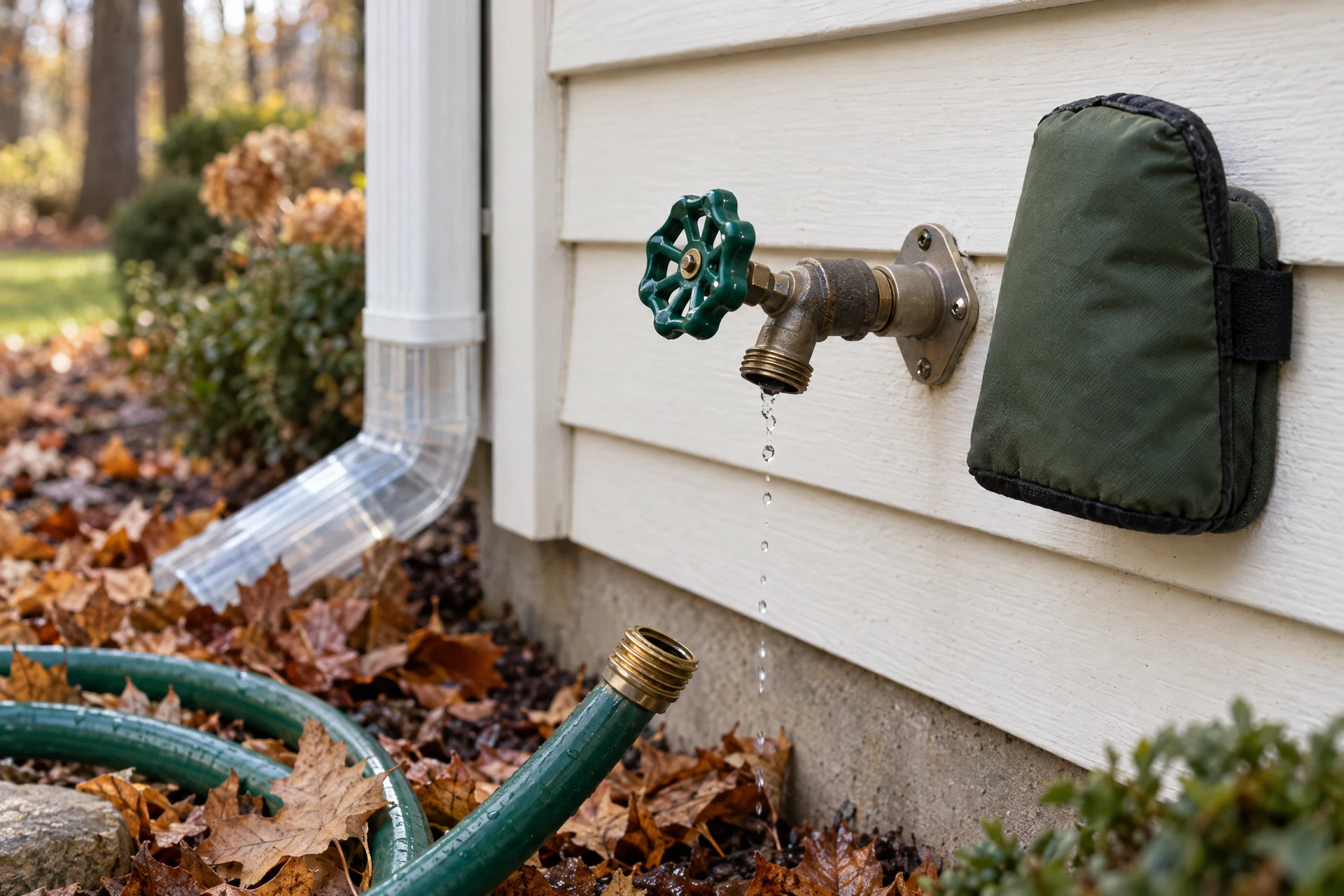 Photorealistic exterior winter-preparation scene showing a disconnected outdoor hose bib, accessible water shutoff, and downspout directing rainwater away from a Pacific Northwest home.