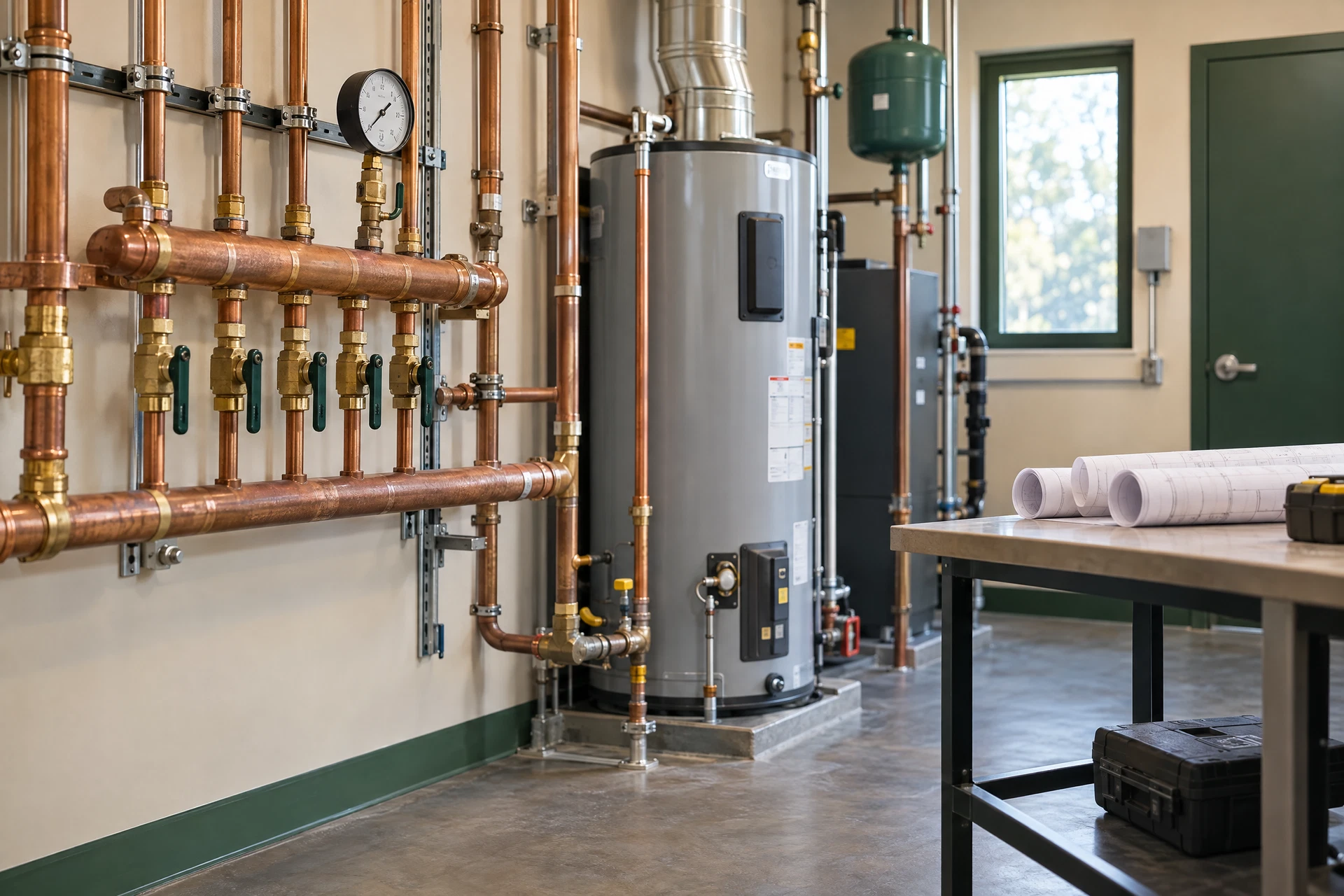 Photorealistic editorial view of organized commercial plumbing equipment in a bright mechanical room, emphasizing careful planning and professional coordination.