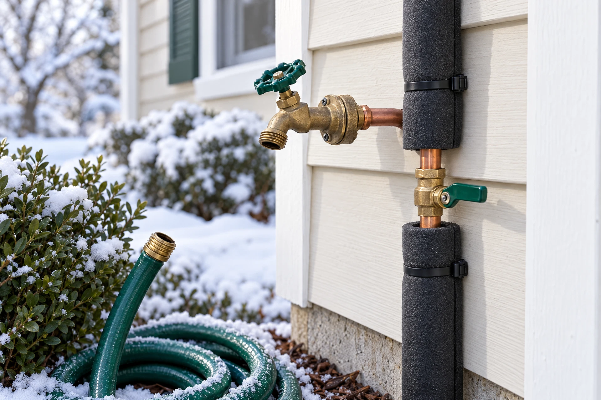 Photorealistic close-up of a disconnected outdoor hose bib and insulated exposed water pipe prepared for winter on a Pacific Northwest home.