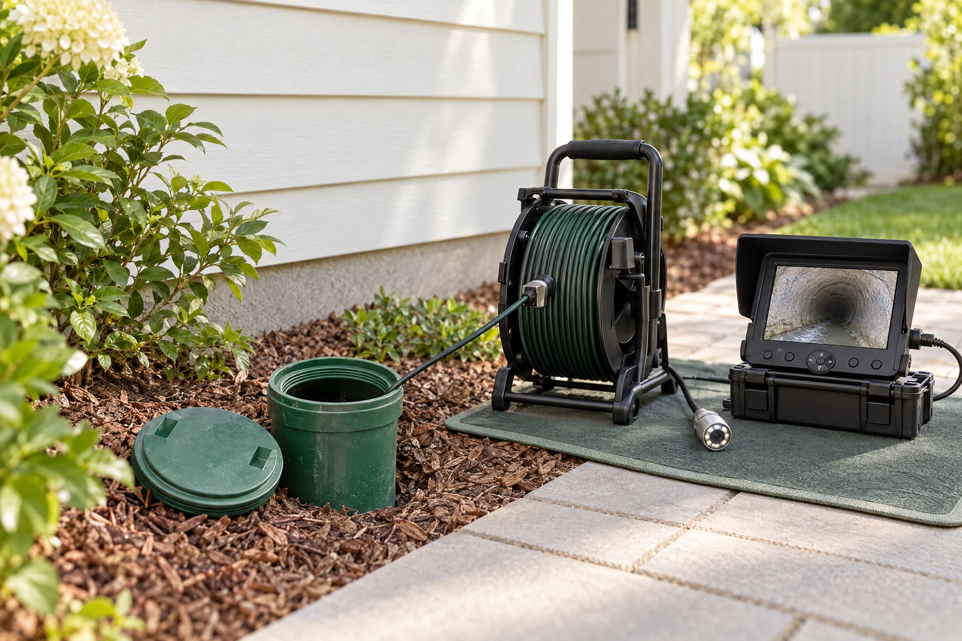 Photorealistic side-yard view of a sewer cleanout with its cap removed and a drain inspection camera setup beside a residential home.