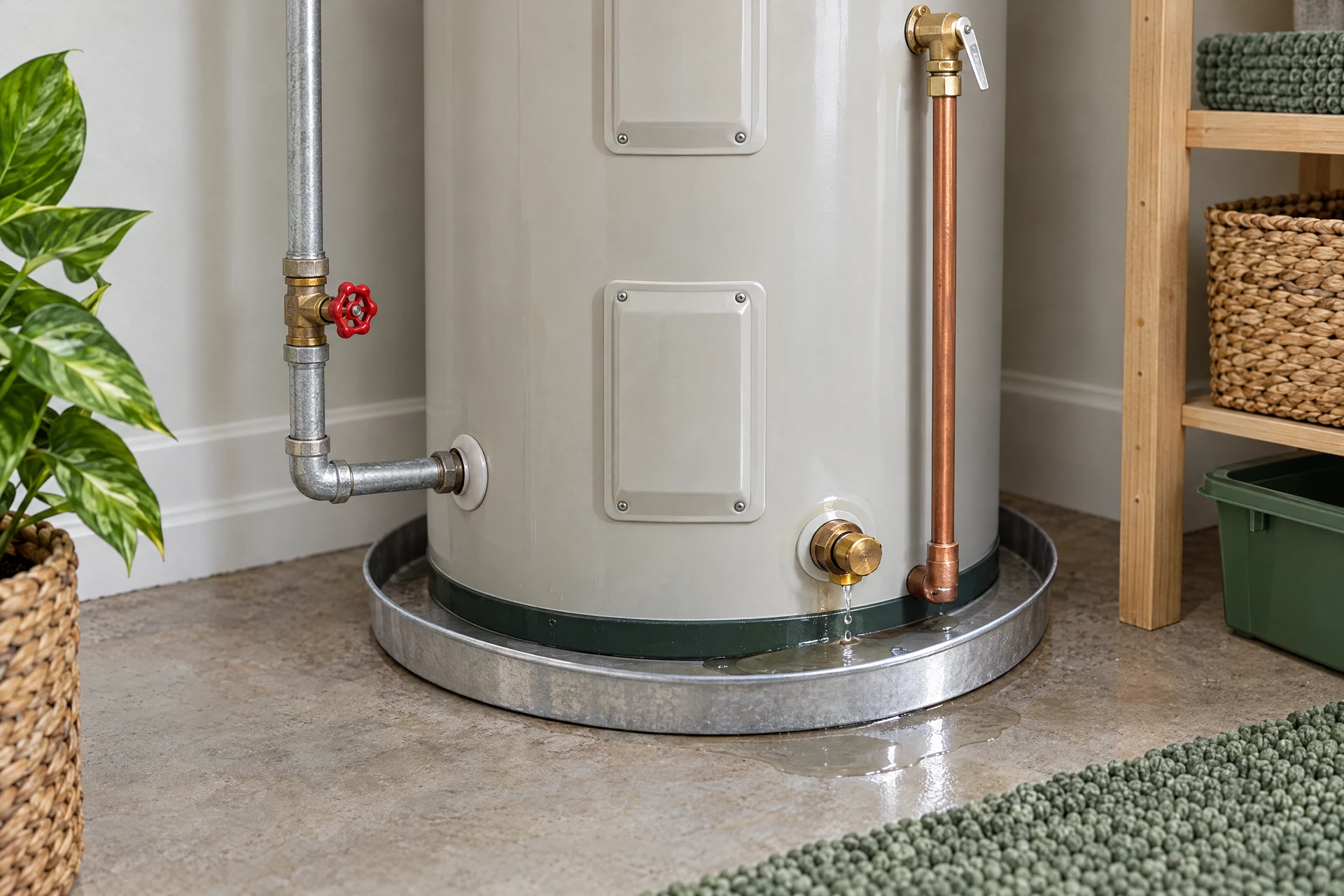 Photorealistic utility-room water heater with a small puddle beneath it and an accessible shutoff valve, illustrating when a plumbing problem needs prompt attention.