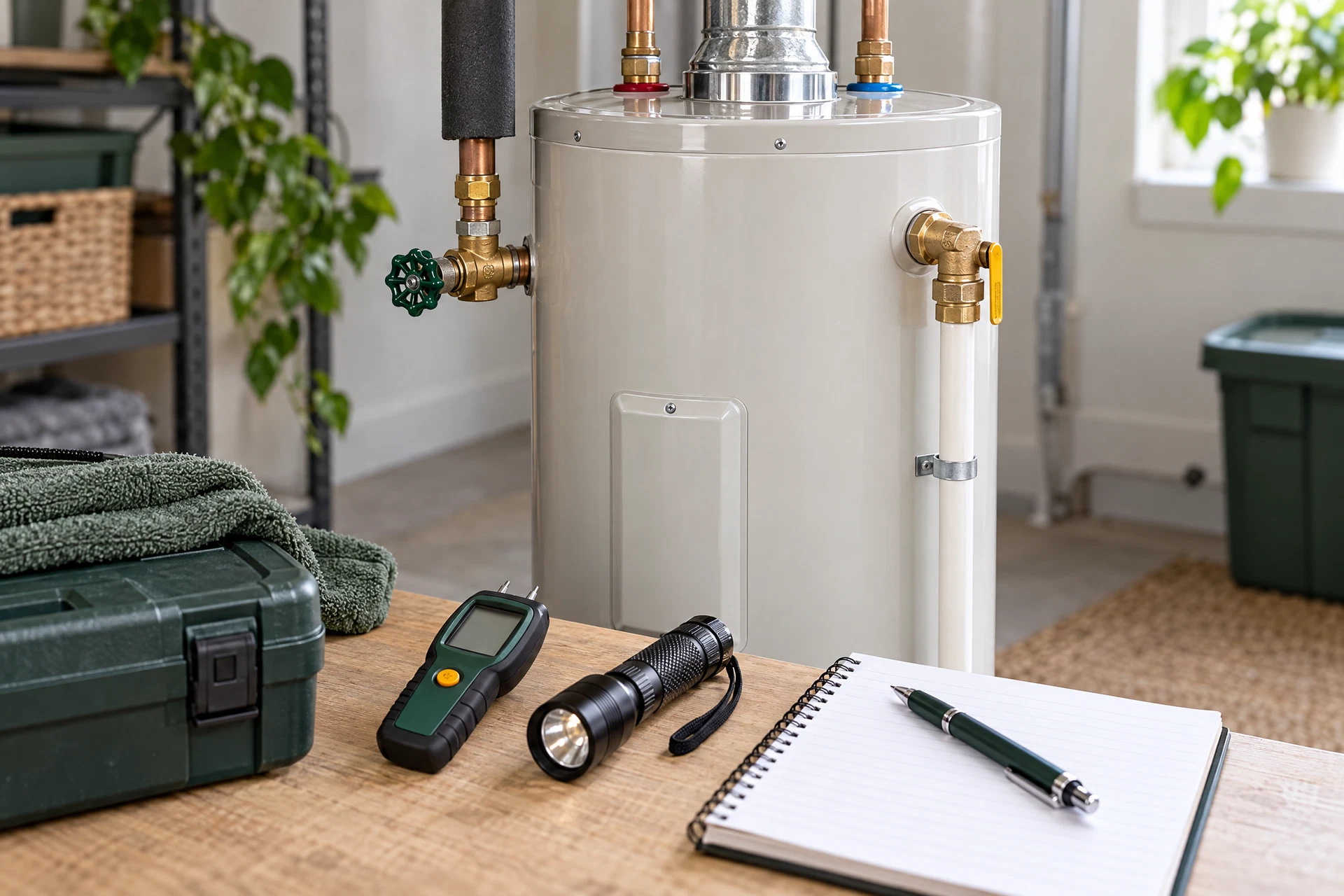 Photorealistic home plumbing inspection setup with a water heater, visible connected pipes, shutoff valve, moisture meter, flashlight, and inspection notes in a clean utility area.