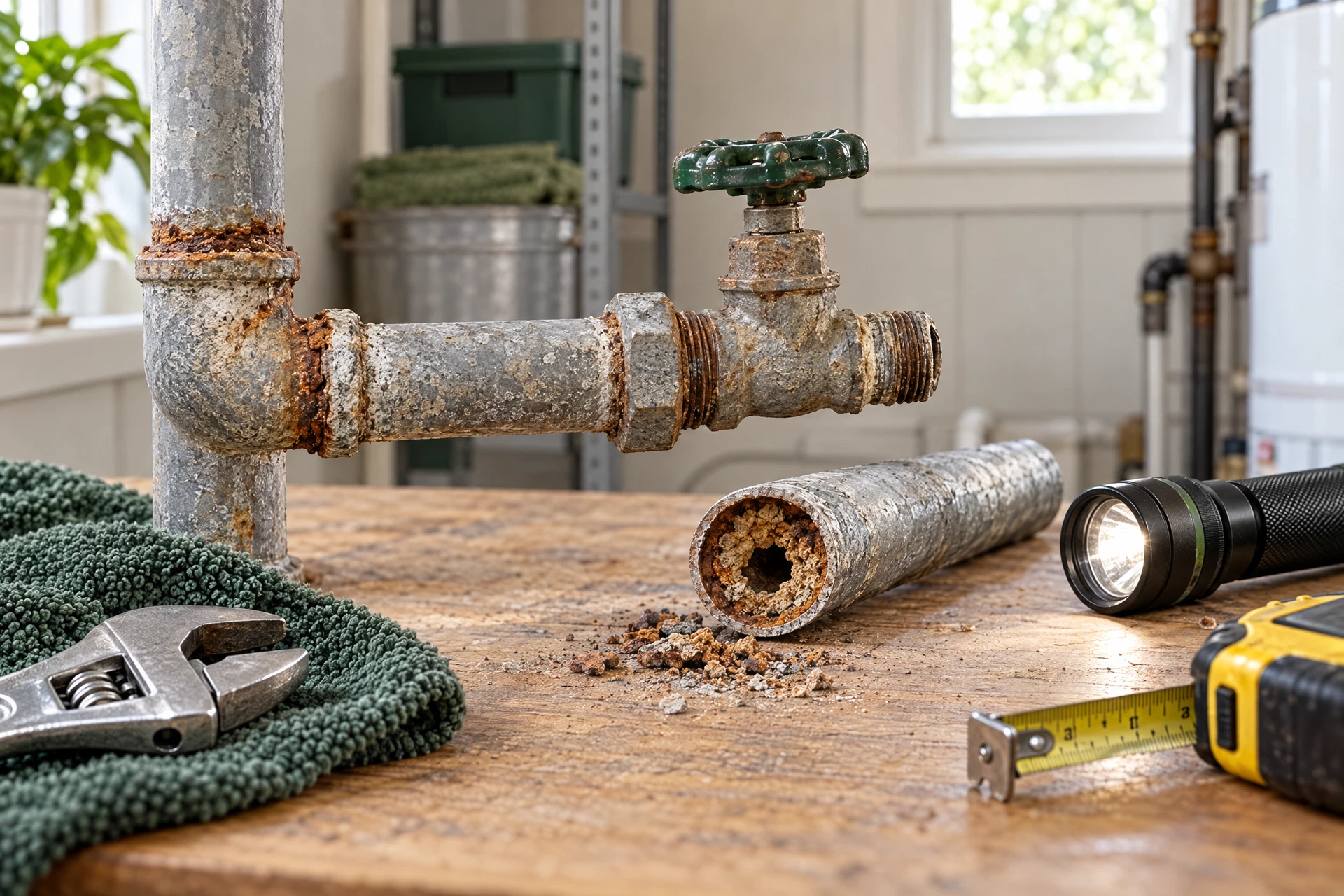 Photorealistic inspection view of an aging galvanized water pipe with corroded threads and a detached sample showing internal rust and mineral scale.