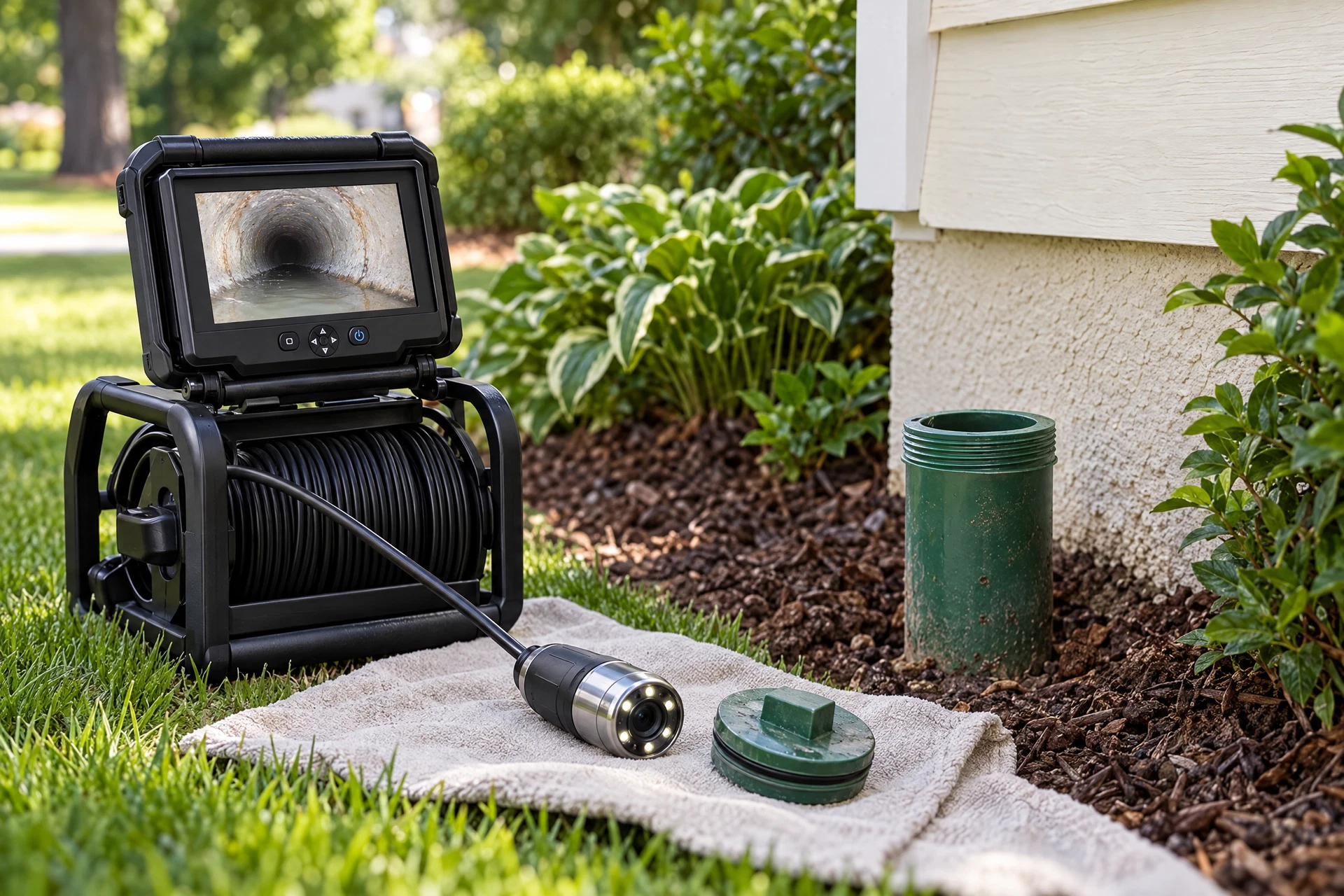 Residential side sewer cleanout and sewer-camera inspection equipment beside a home's foundation