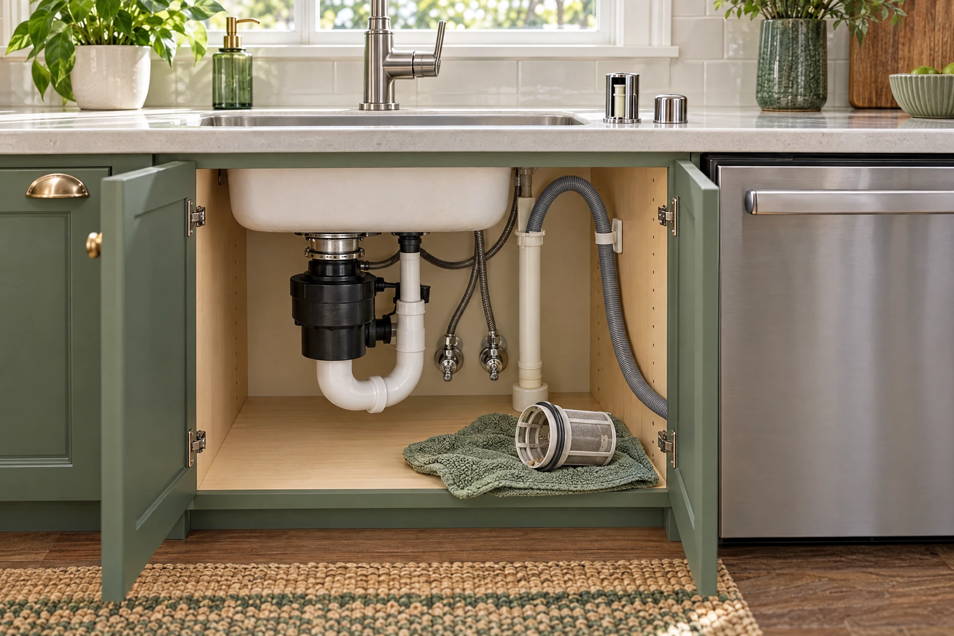 Photorealistic under-sink dishwasher inspection showing the sink air gap, routed drain hose, and removable dishwasher filter.