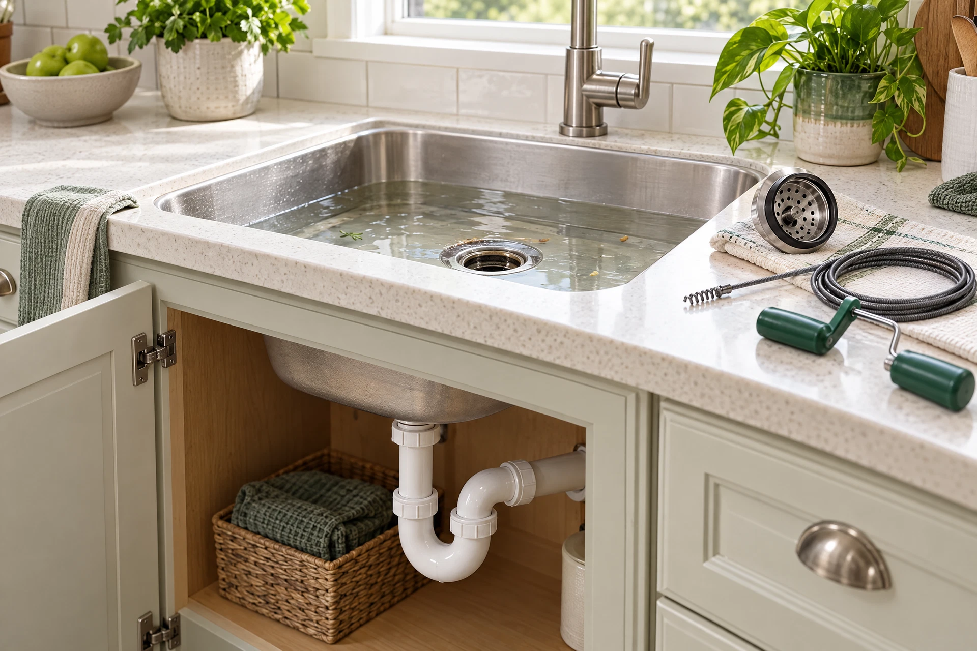 Photorealistic kitchen sink with shallow standing water, lifted strainer, hand drain snake, and connected under-sink P-trap illustrating why a recurring slow drain should not be delayed.