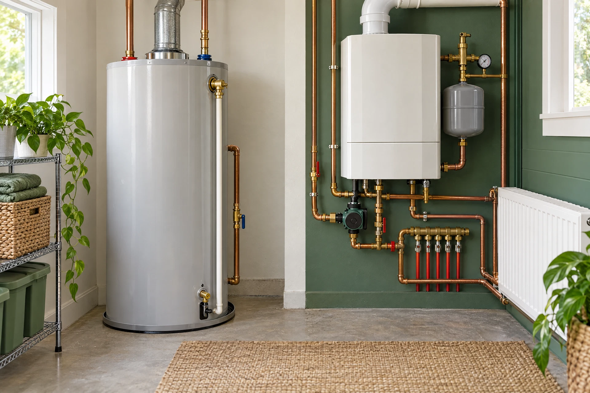 Photorealistic utility room with a storage-tank water heater in front and a hydronic boiler connected to a home heating loop behind it.
