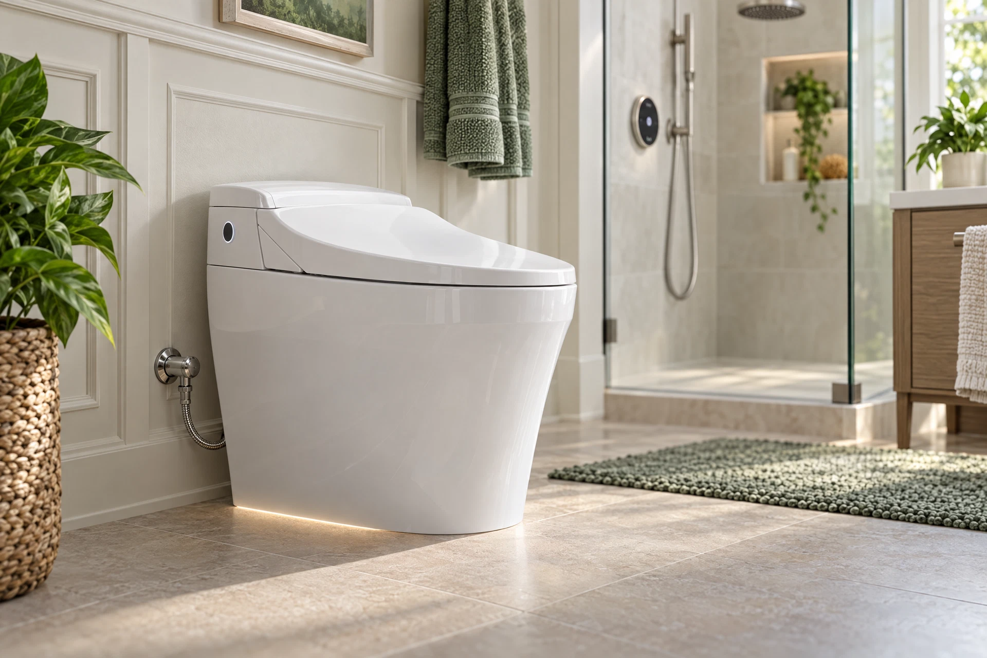 Photorealistic editorial view of a smart toilet with touchless controls, accessible shutoff valve, and digital shower control in a warm modern bathroom.