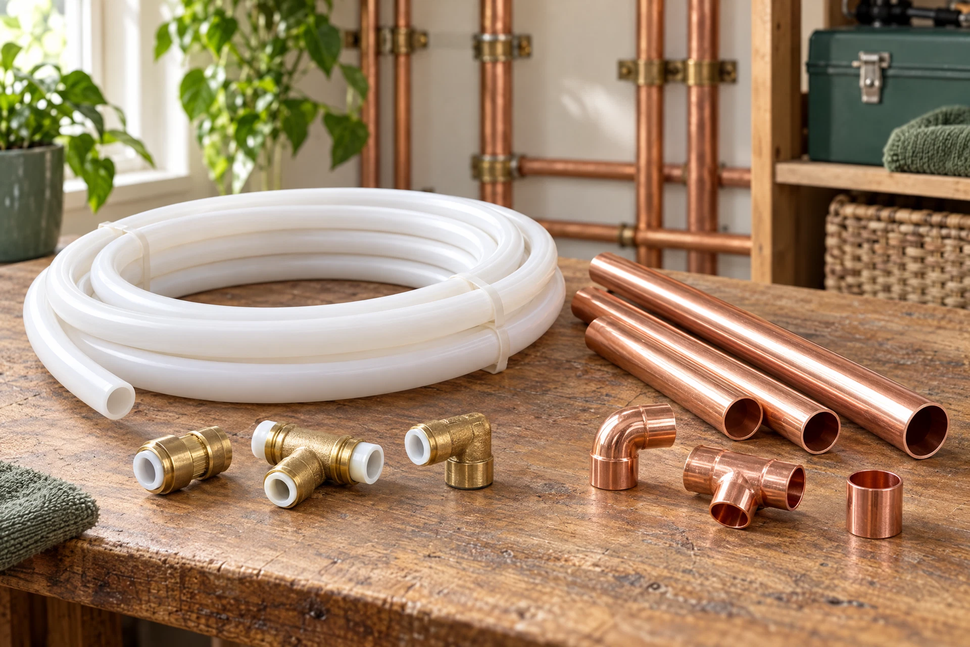 Editorial comparison of flexible white PEX tubing and straight copper pipe with plumbing fittings on a utility-room workbench.