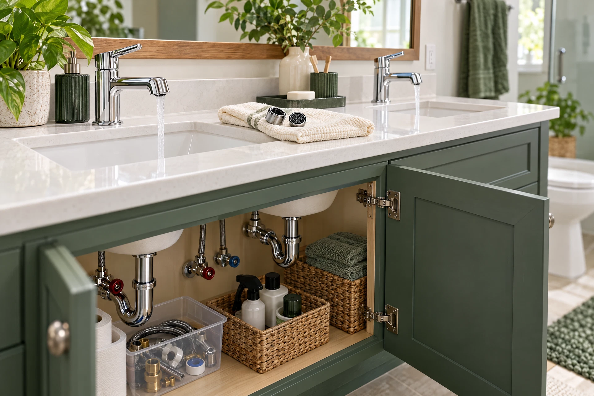 Photorealistic refreshed bathroom double vanity with two water-saving faucets and visible plumbing connections, illustrating resale-minded plumbing upgrades.