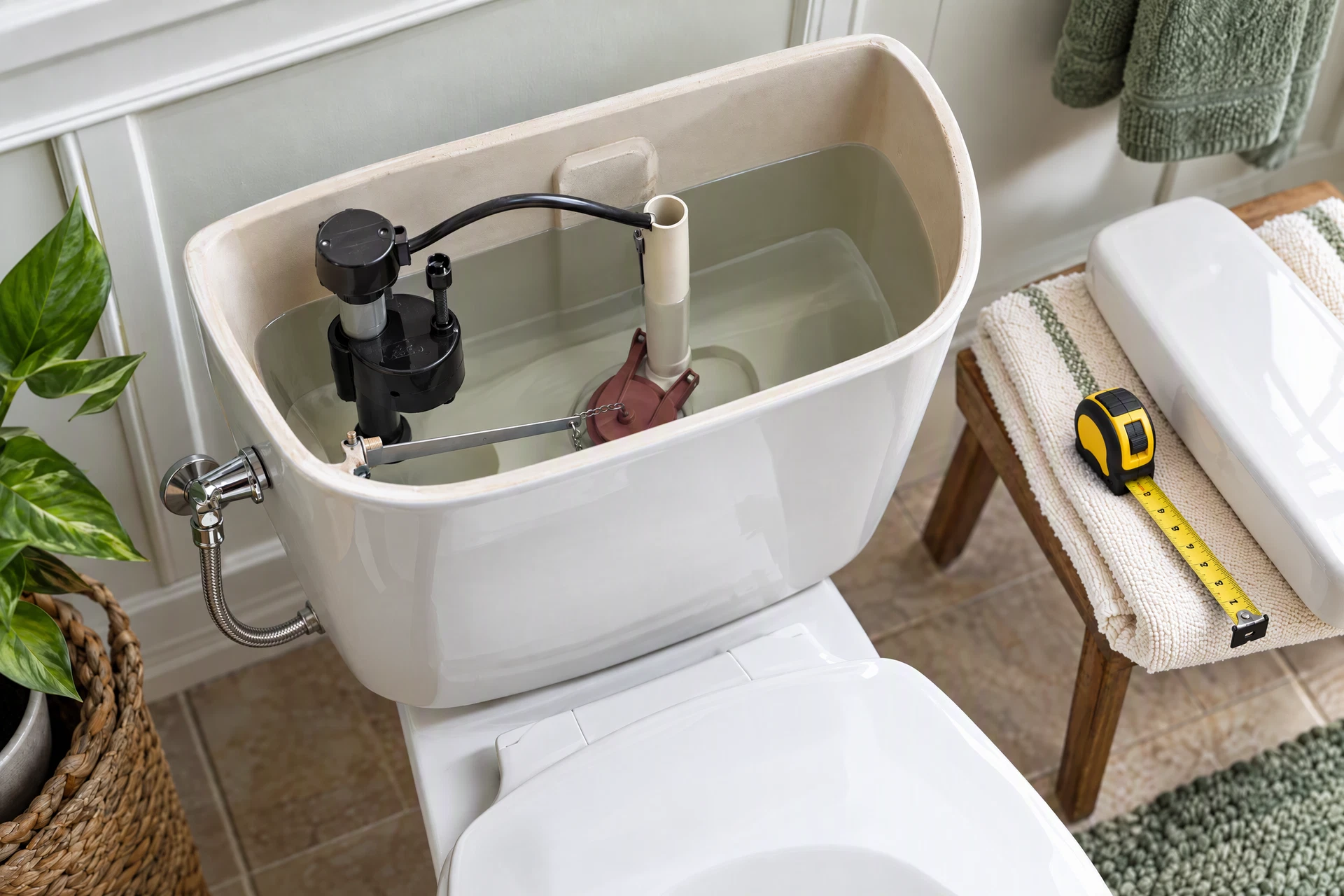 Photorealistic editorial view of a modern water-efficient toilet with its tank components, connected shutoff valve and supply line, and a tape measure for checking bathroom fit.