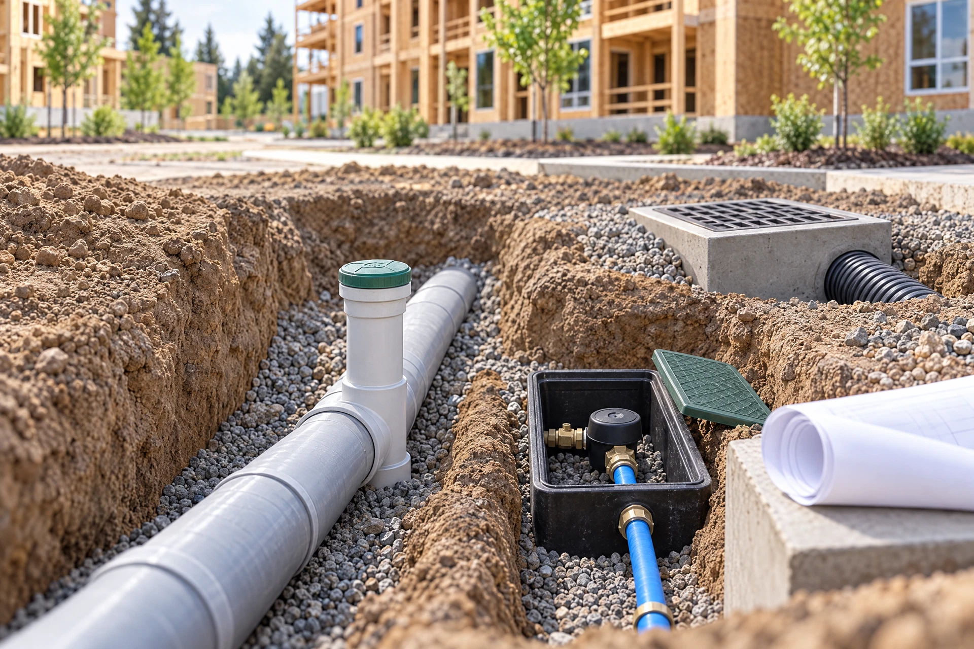 Photorealistic editorial view of planned plumbing infrastructure at a new multifamily development, with a sewer lateral, cleanout, water service, meter box, and stormwater catch basin beside partially framed apartments.