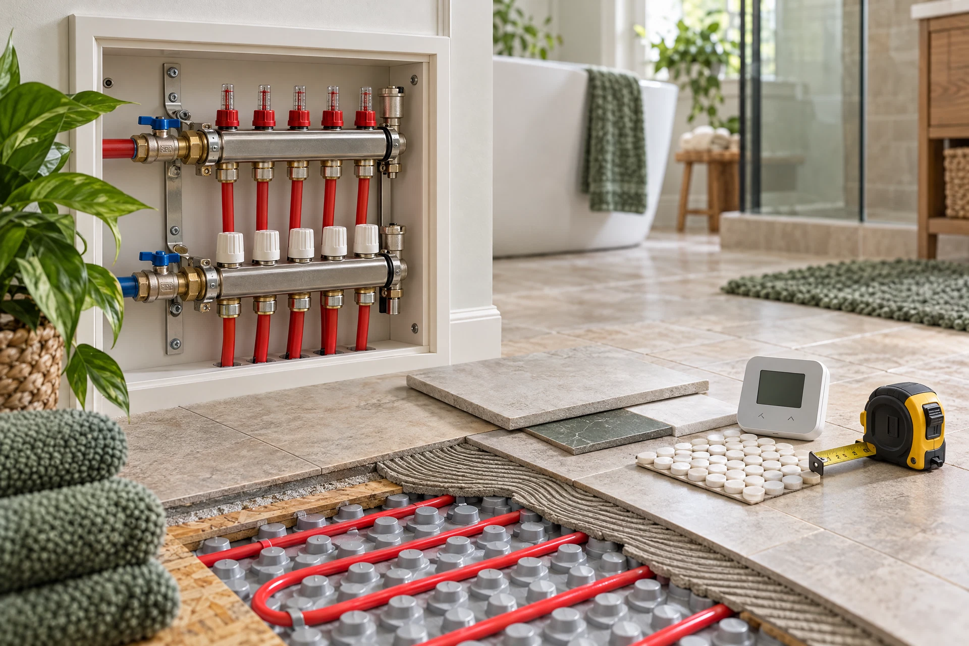 Photorealistic planning view of a hydronic radiant floor heating manifold with connected PEX loops beside a cream tile floor, insulation, a tile sample, measuring tape, and an unbranded thermostat in a bathroom remodel.