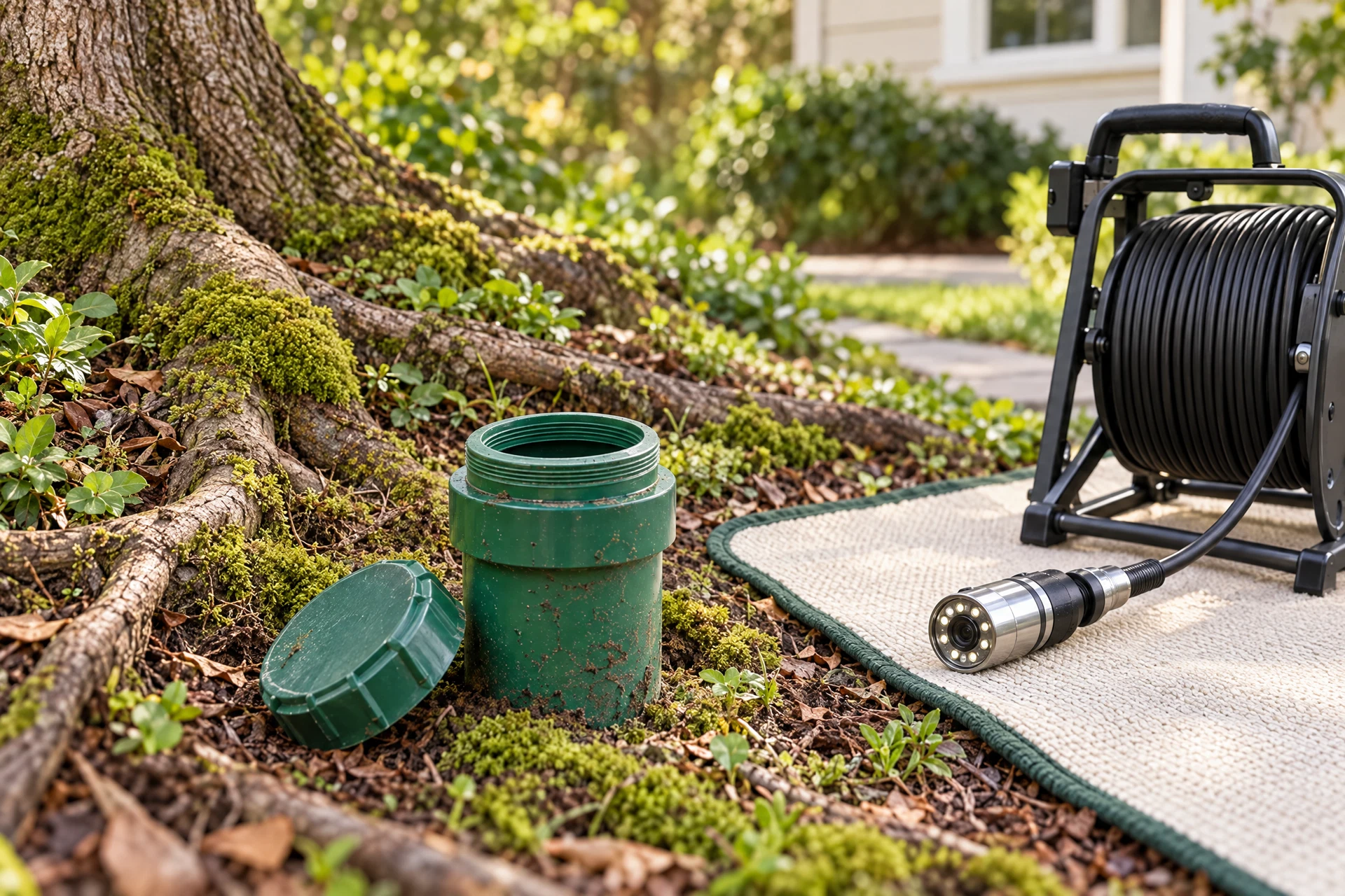 Photorealistic exterior sewer cleanout and inspection camera equipment beside a damp, tree-rooted Pacific Northwest yard.