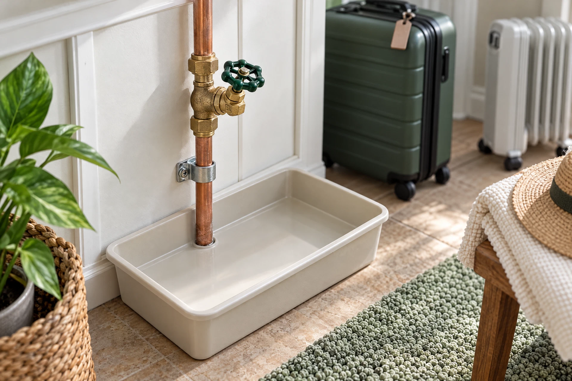 Photorealistic utility-room view of a main water shutoff valve and connected plumbing prepared for a homeowner leaving on vacation, with a softly blurred water heater and suitcase in the background.