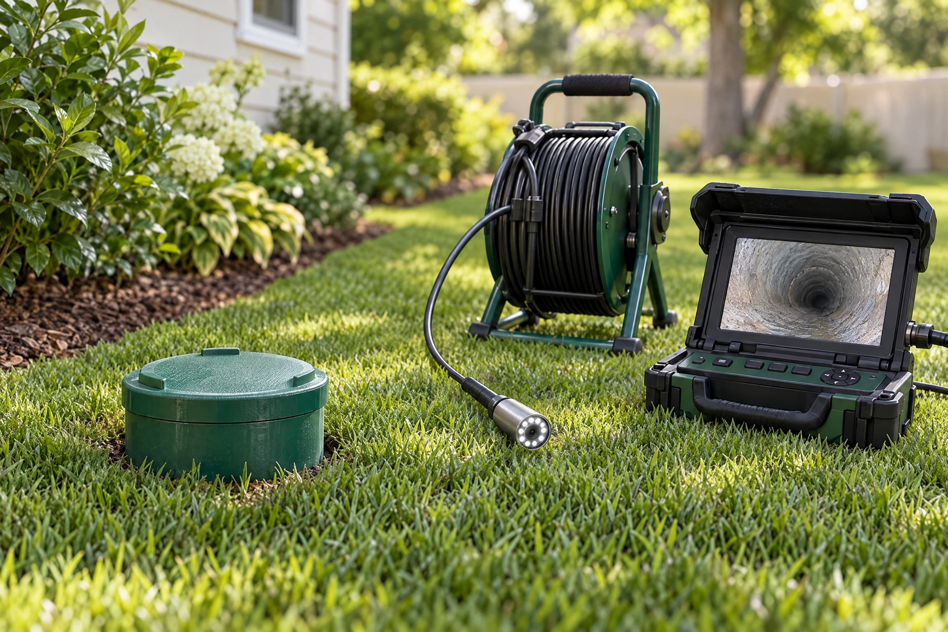 Professional sewer inspection equipment beside a residential cleanout and a subtly lush strip of grass that may indicate an underground sewer-line concern.