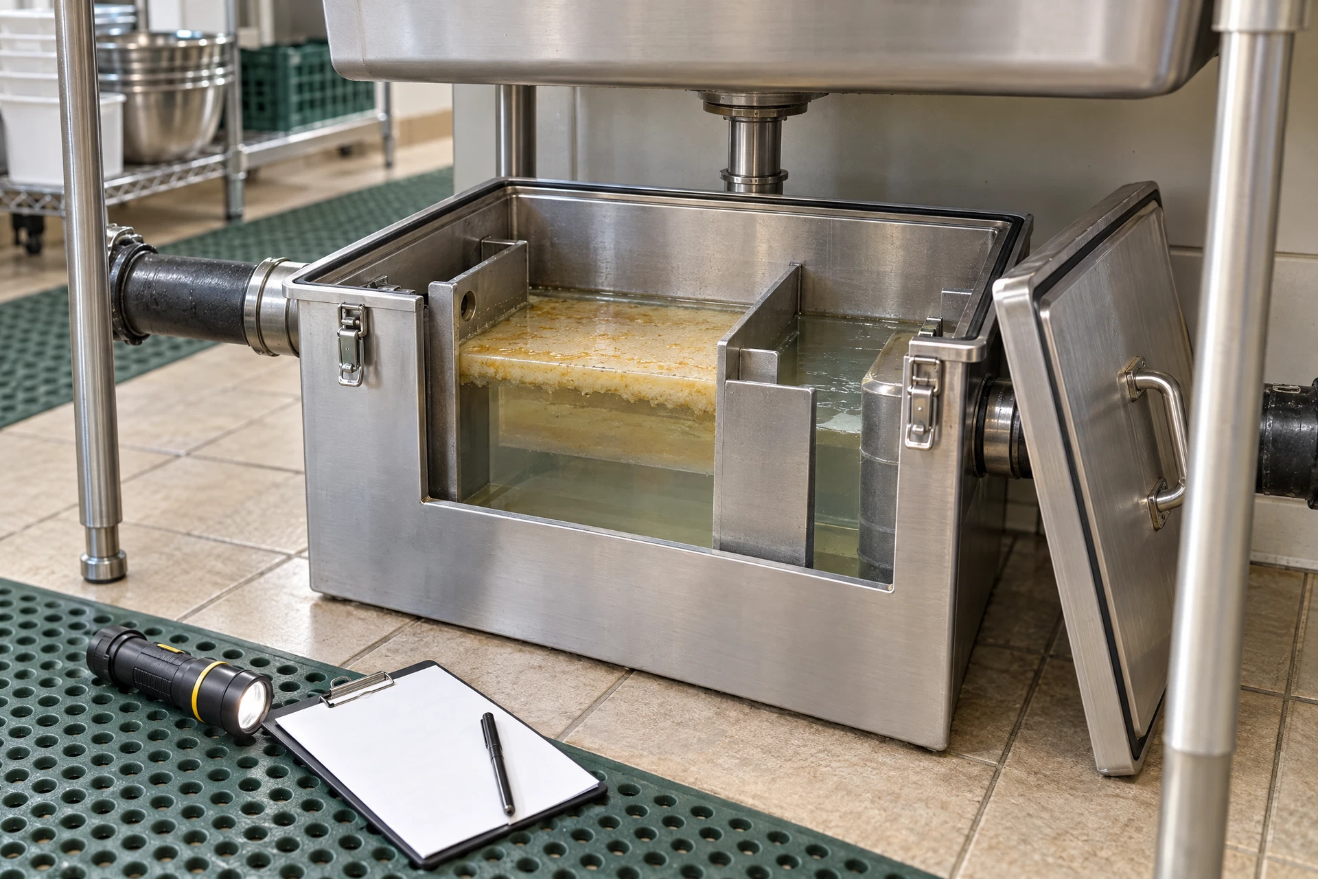 Photorealistic commercial kitchen grease interceptor beneath a stainless prep sink, shown with its lid removed for a clean service inspection.