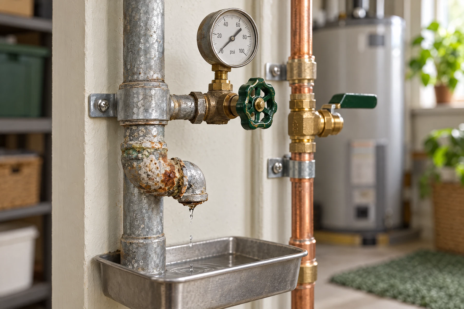 Photorealistic utility-room view of a corroded galvanized pipe connection with a pressure gauge, shutoff valve, and a few droplets collected in a tray.